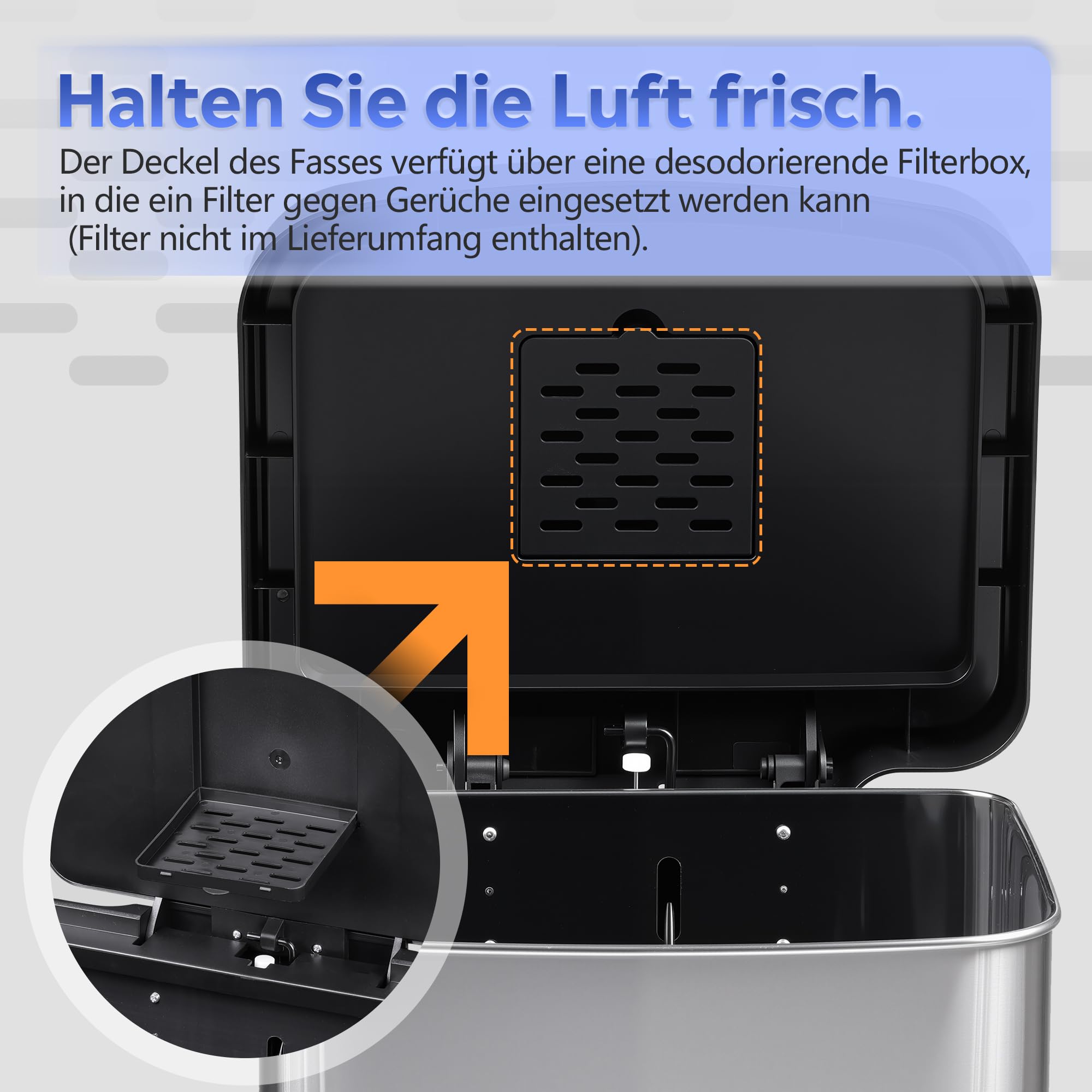 WLIVE Mülleimer Küche 55 Liter, Großer Treteimer mit Softclose-Deckel, Klemmring für Müllsäcke, geruchsdichter Abfalleimer für Küche, Büro oder Schlafzimmer, Silber