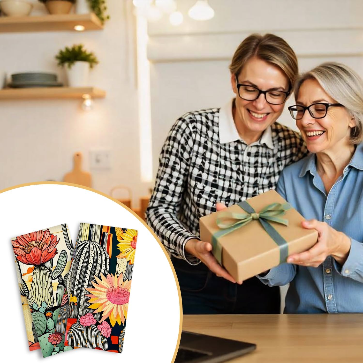 Vibrant Western Floral Cactus Kitchen Towels, Boho Desert Landscape Dish Tea Towels, Southwestern Saguaro Plants Decorative Hand Towel for Kitchen Bathroom, 16x24 Inch Set of 2