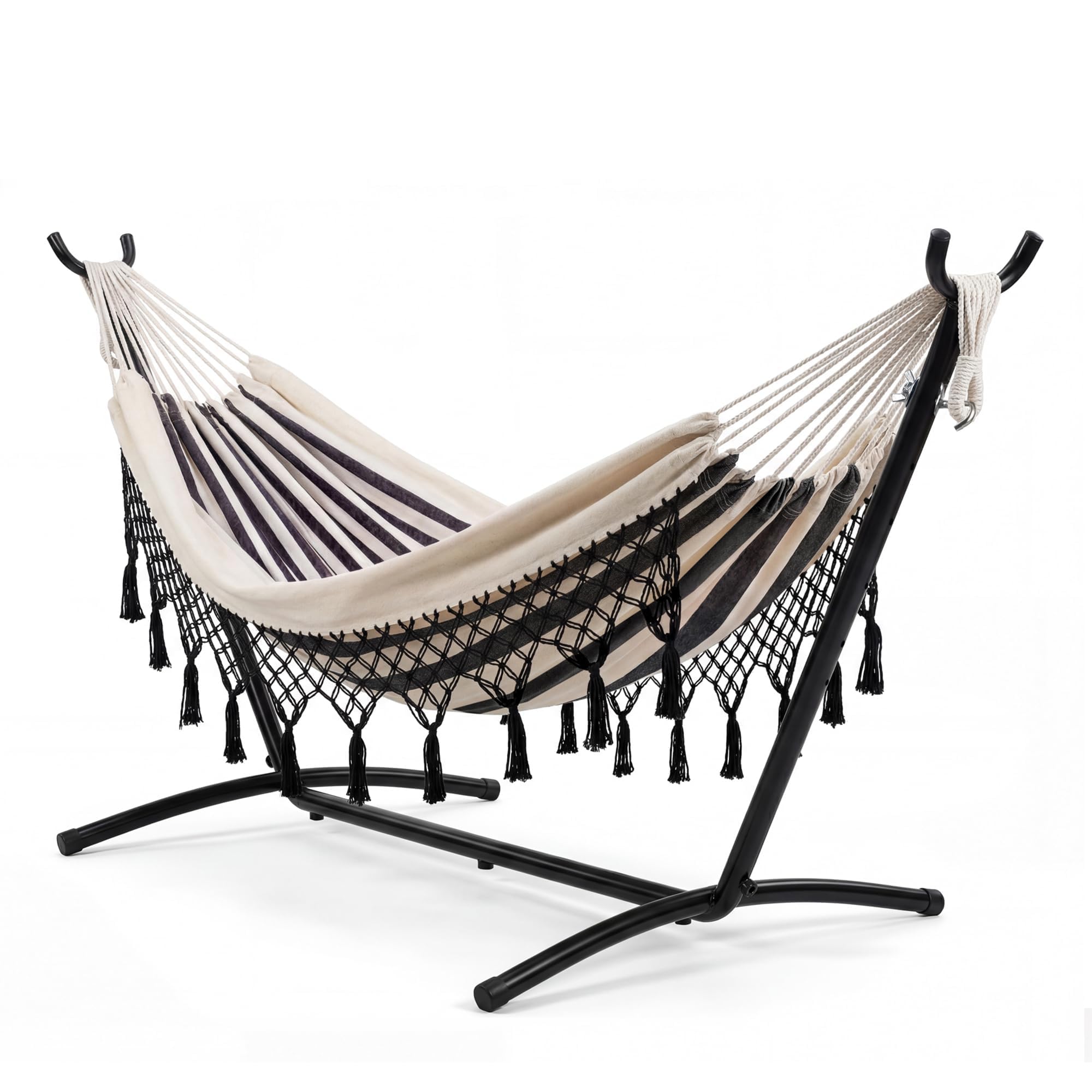 AffinityFurn Double Hammock with Heavy-Duty Steel Stand, 2 Person Boho Style Hammock with Tassel, 450 Lbs Capacity, 6 Adjustable Height, Indoor Outdoor Hammock for Patio Pool Backyard