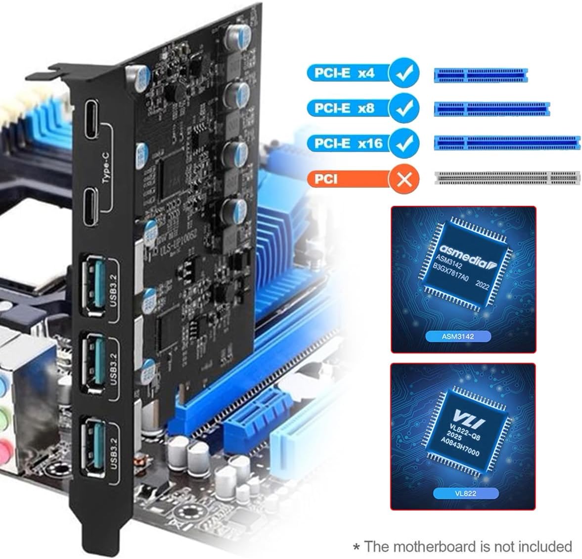 10Gbps Three Type-A USB3.0 Socket & Dual USB3.1 Type-C USB-C Back Panel to PCI-E Express Card Adapter ASM3142 VL822