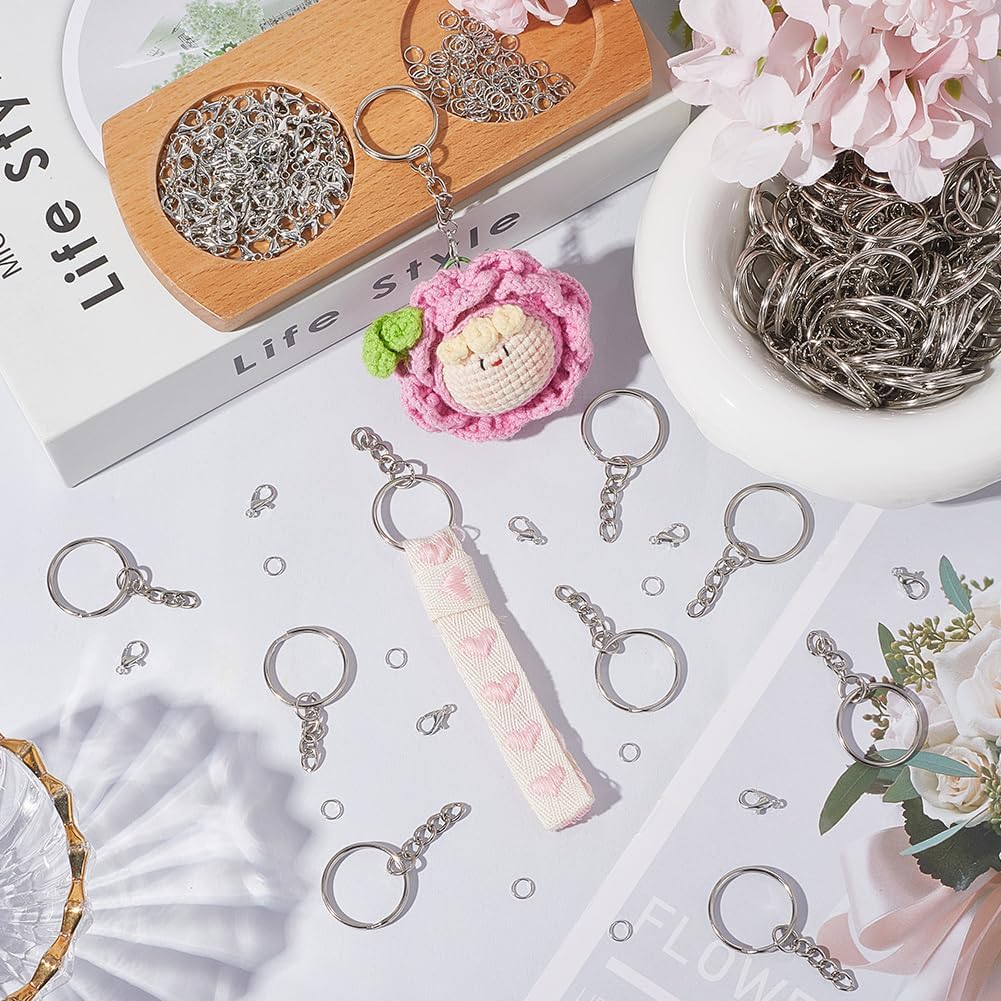 1 Box 300Pcs 100 Sets Lobster Claw Clasps with Chain Key Chain Split Rings Bulk Alloy Metal Iron Open Jump Ring Snap Hook Trigger Clips for Key Chains DIY Craft Jewelry Making Bags Lanyards