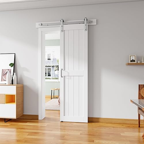 Puerta corredera de granero de 24 x 84 pulgadas con kit de herrajes de níquel cepillado de 5 pies, mango y guías de suelo, agujeros preperforados,