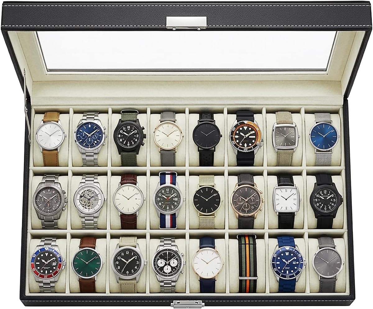 ATPEAM 24-Slot Watch Box Watch Display Organizer with Glass Lid | Watch Box Organizer for Men Women, Lockable with Keys, PU Leather Storage, Watch Case with Removable Pillows