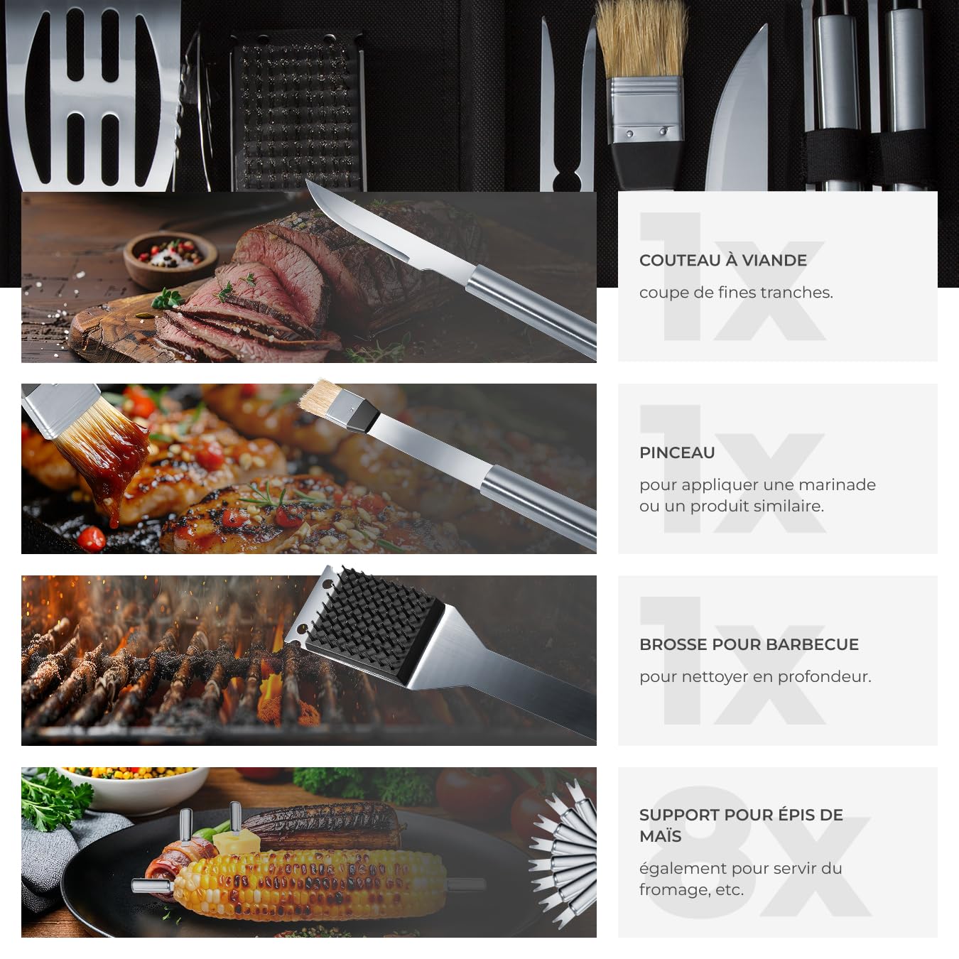 Kit d'outils de barbecue d'extérieur en acier inoxydable avec mallette
