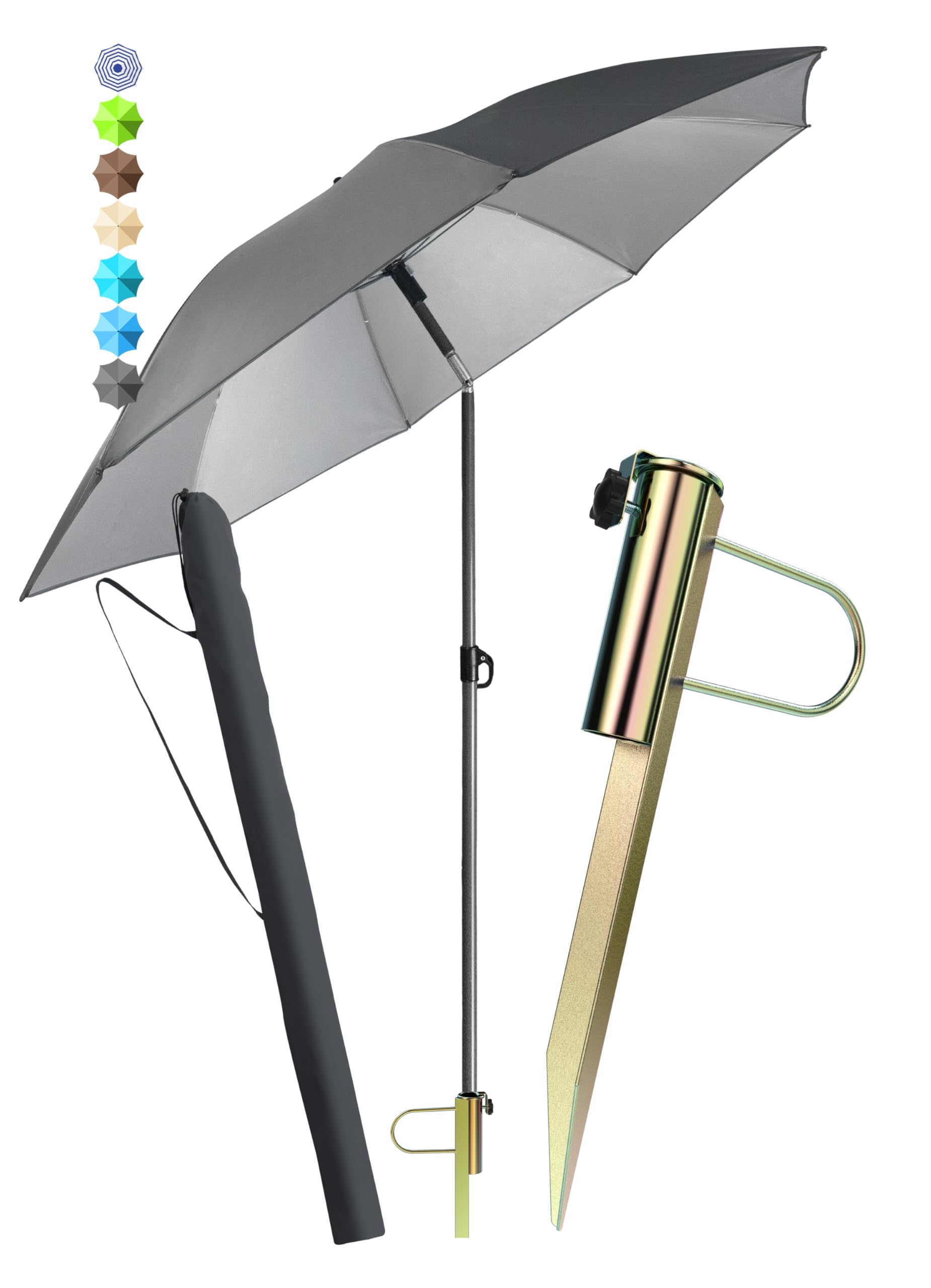 Menz Sonnenschirm Strand als Sonnenschutz Strand 3-IN-1 SET - UPF 50+ Strandschirm 180 cm + stabile Sonnenschirm Bodenhülse + robuste Sonnenschirmhülle