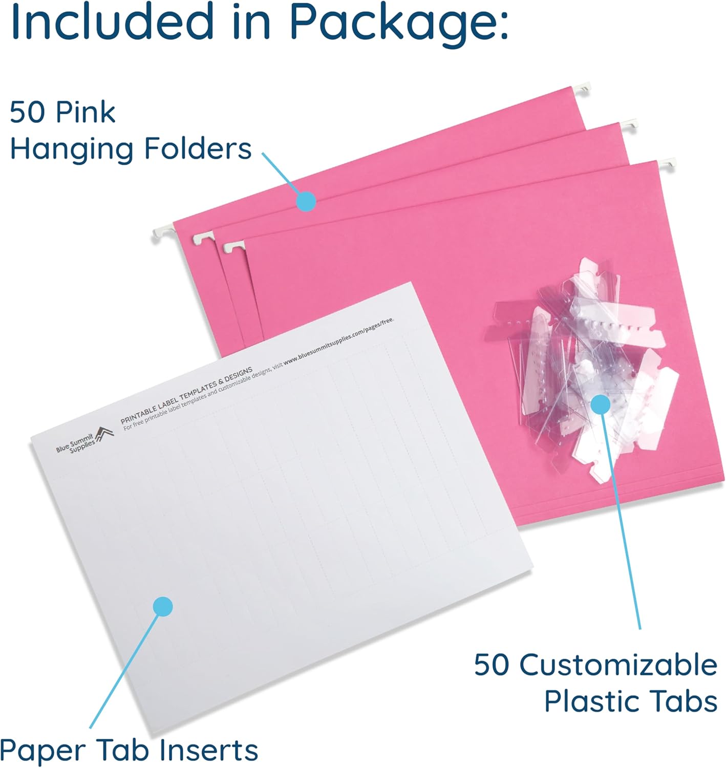 Blue Summit Hanging File Folders, Letter Size, Pink, Great for Organizing and Easy File Storage, 50 Per Box