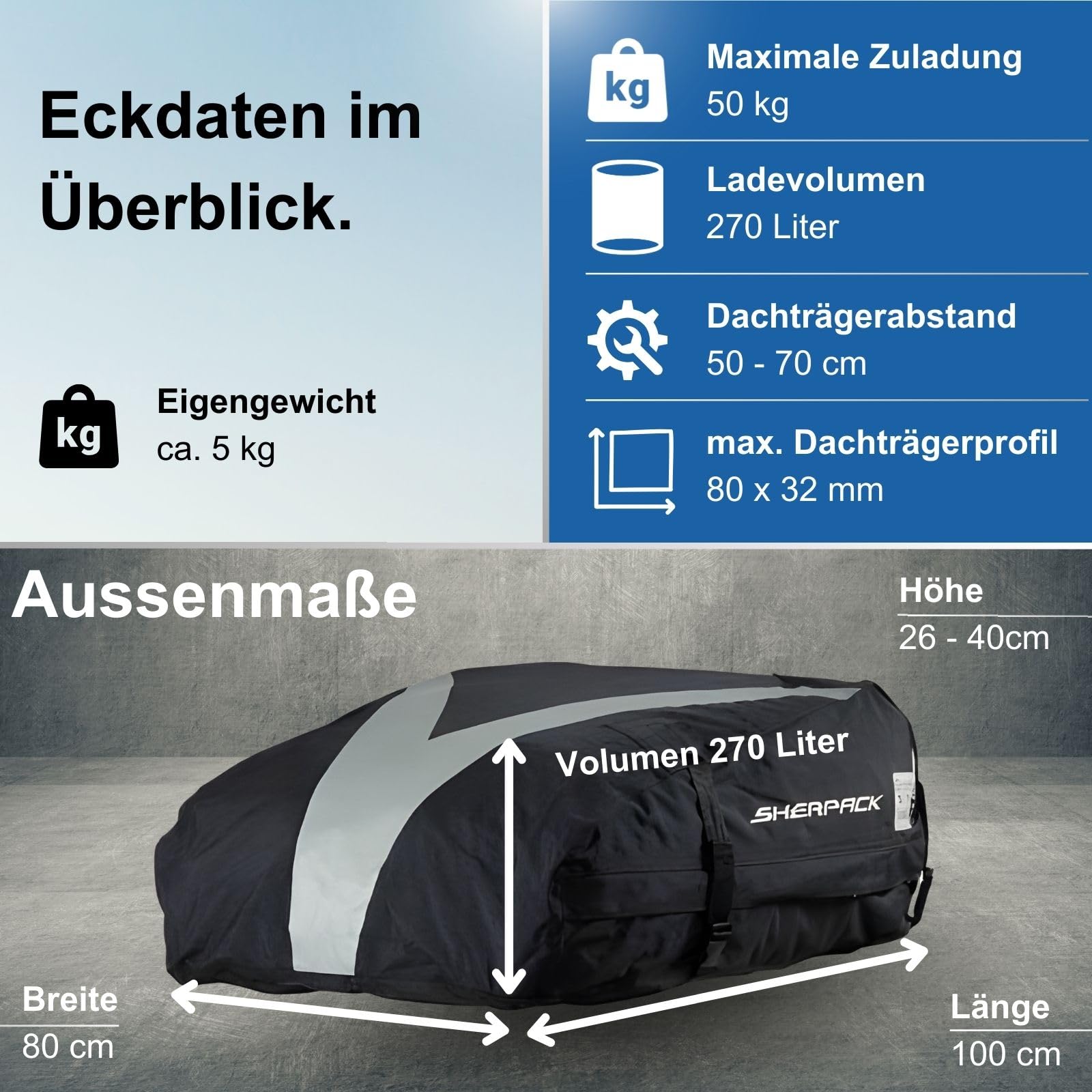 Sherpack Box da tetto per auto, pieghevole - borsa per tetto altamente stabile - baule da tetto idrorepellente 270 litri - borsa per portapacchi - Softbox con custodia - cinghie rinforzate