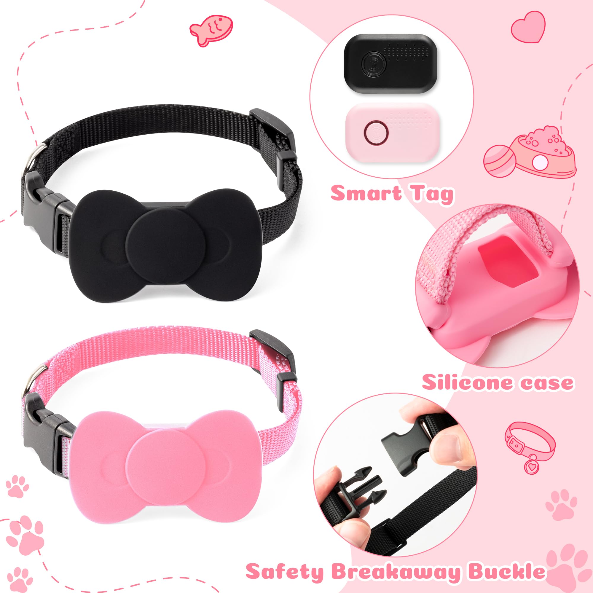 SmartTag - Positionneur de collier pour chat - Pour Apple et Android - Suivez l'emplacement de votre animal de compagnie - Noir et rose