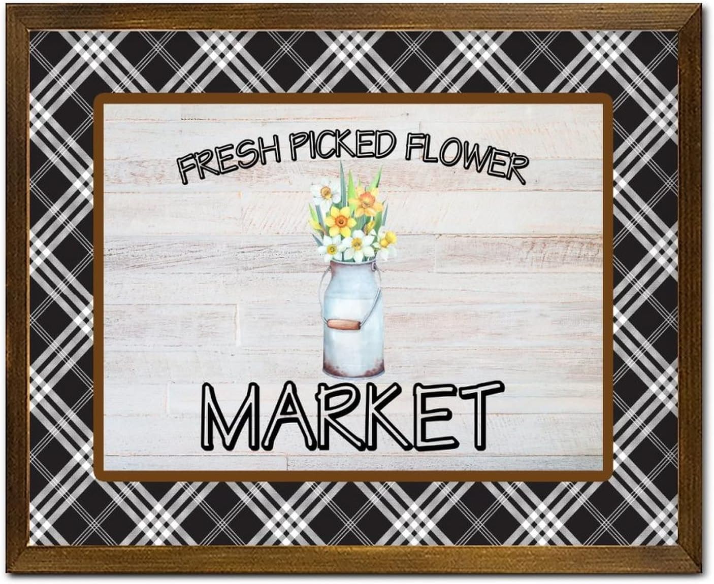 Fresh Picked Flower Market Wood Framed Sign Buffalo Plaid Spring Sunflower Floral Box Wooden Wall Art Signs Vintage Nature Plants Wall Decor Hanging Plaque Sign for Home Family Living Room 16x20 Inch
