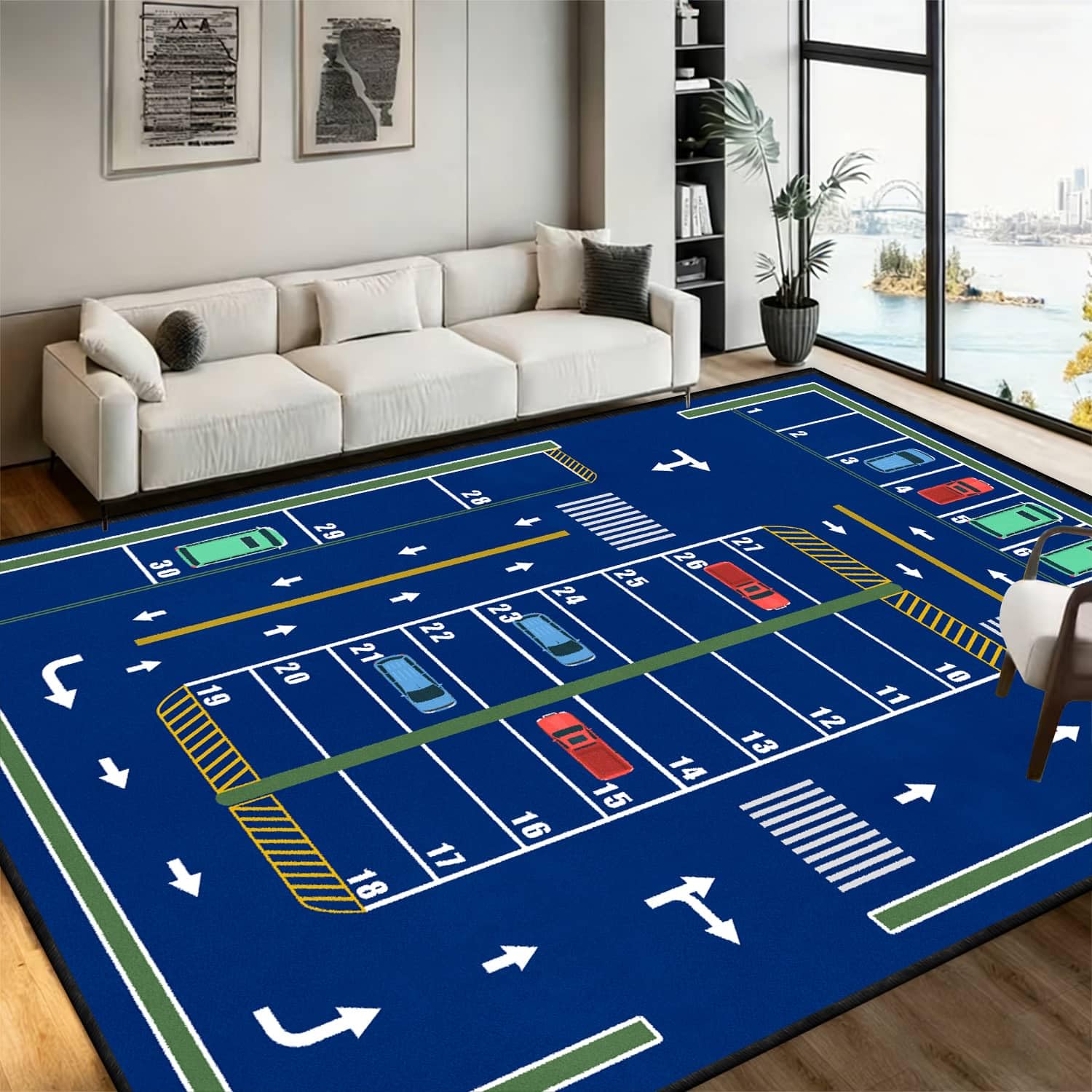 RICAUOU Car Playroom Area Rug, 160x230cm Colorful Cars Street Play Mat for Bedroom Play, Machine-Washable, Non-Slip, Carpet for Playrooms, Classrooms and Bedrooms, and Classroom Floor Ma-Blue