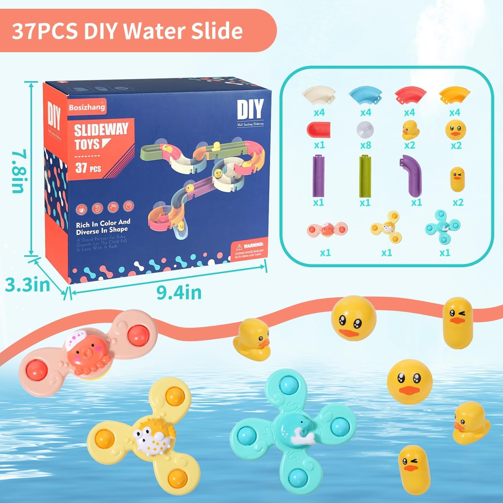 Juguetes de baño para niños pequeños (37 piezas) pista de juguete de baño con 3 ventosas giratorias, juguetes de baño para niños de 4 a 8 años, regalos de cumpleaños para niños pequeños a 7