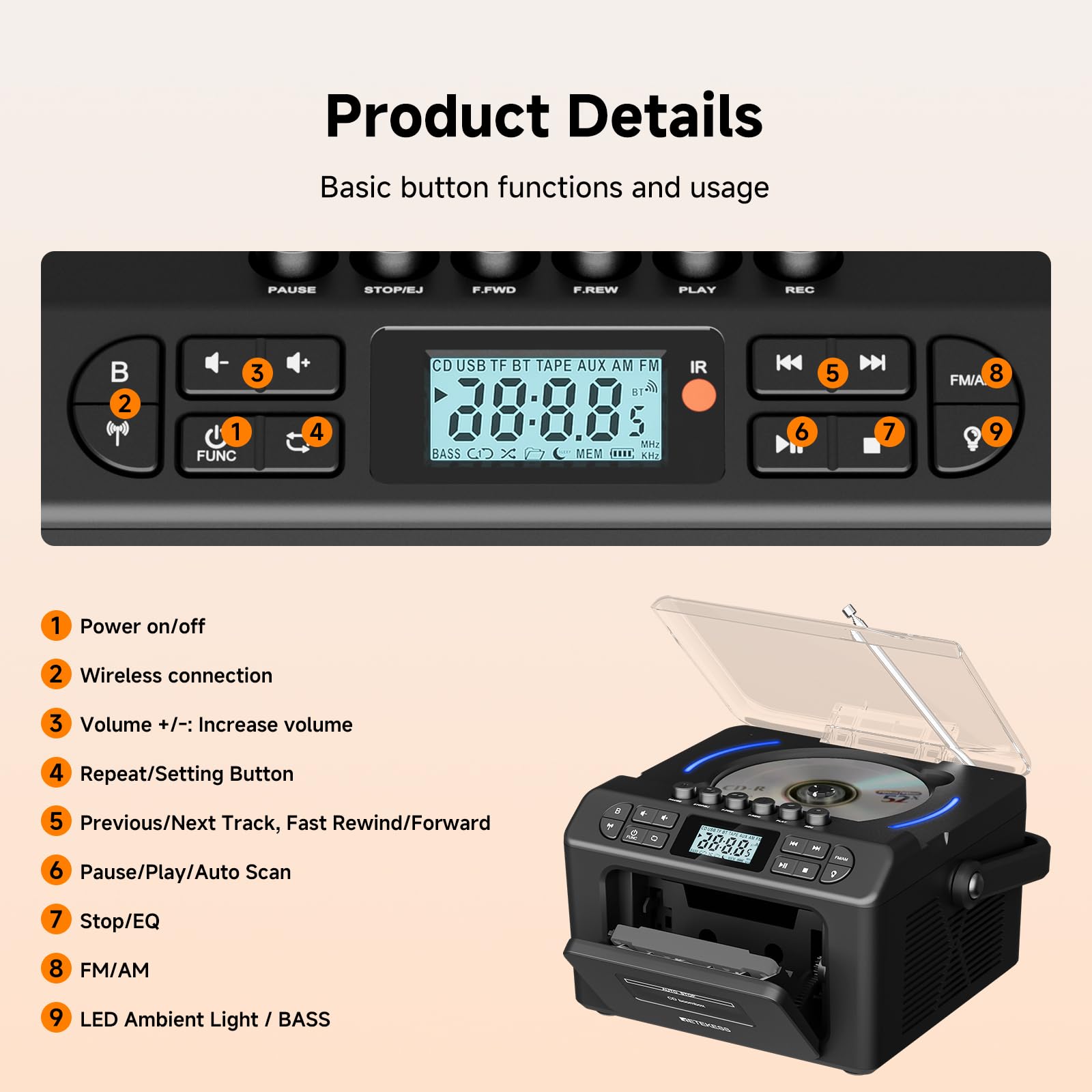Retekess TR642 Reproductor de CD Portátil, Radio Cassette Portátil, Am/FM, Conectividad Inalámbrica, Batería Recargable de 5000 mAh, USB/AUX/TF, Conector para Auriculares, Apto para Familias