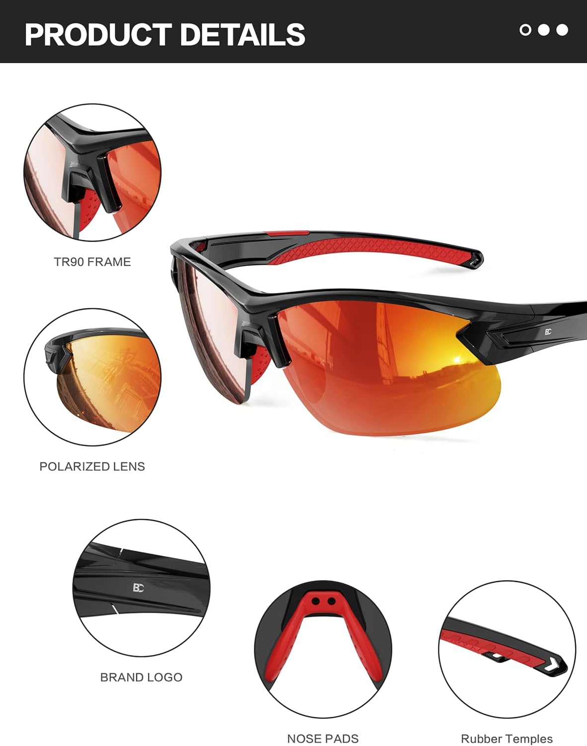 Bircen Mens Polarized Sunglasses for Sports: TR90 Lightweight Sun Glasses Wrap Around Shades for Fishing Driving Cycling - Image 4