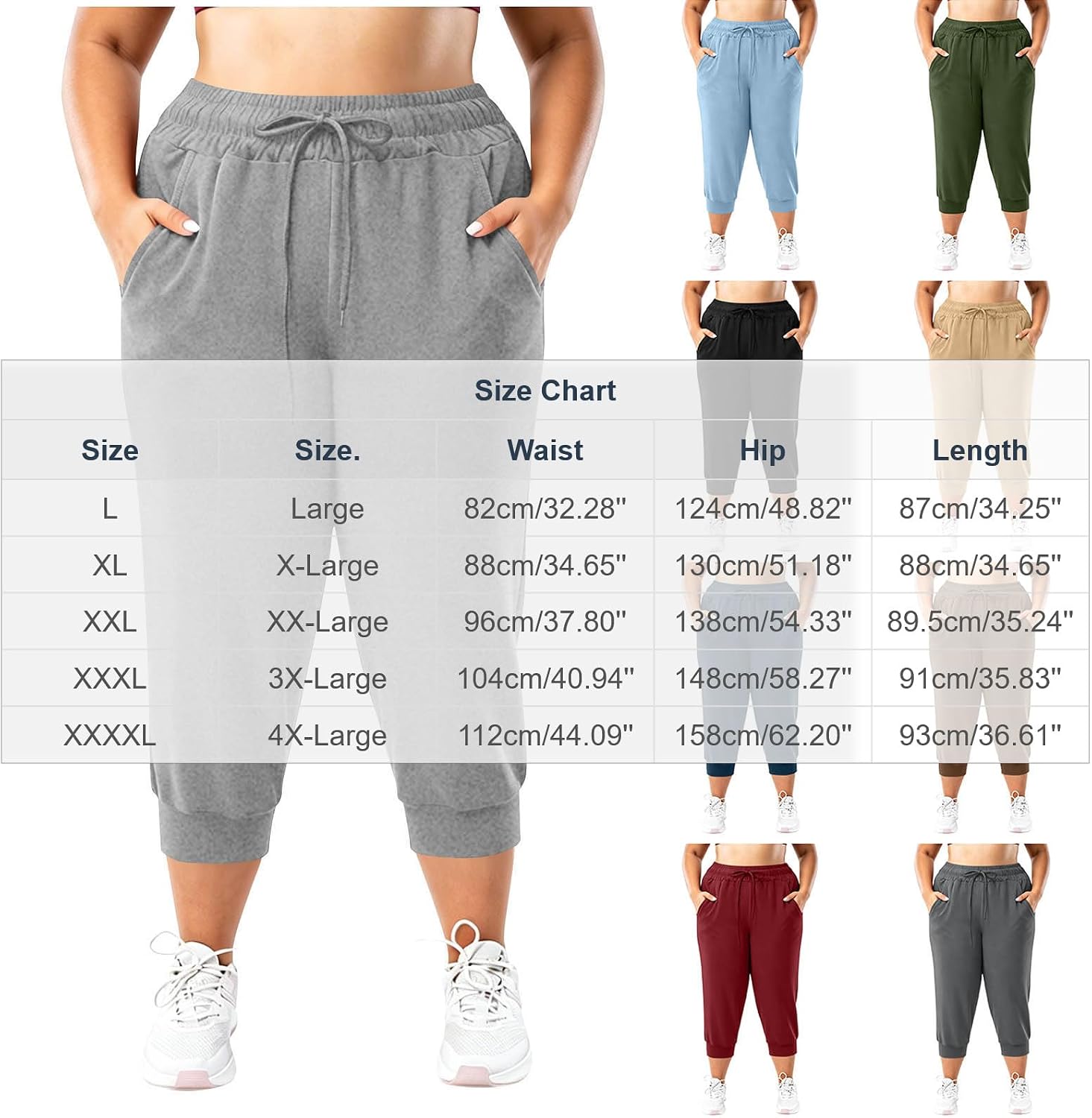 Women's Plus Size Active Yoga Sweatpants High Waist Athletic Crop Pants with Pockets Drawstring Solid Fashion Capris
