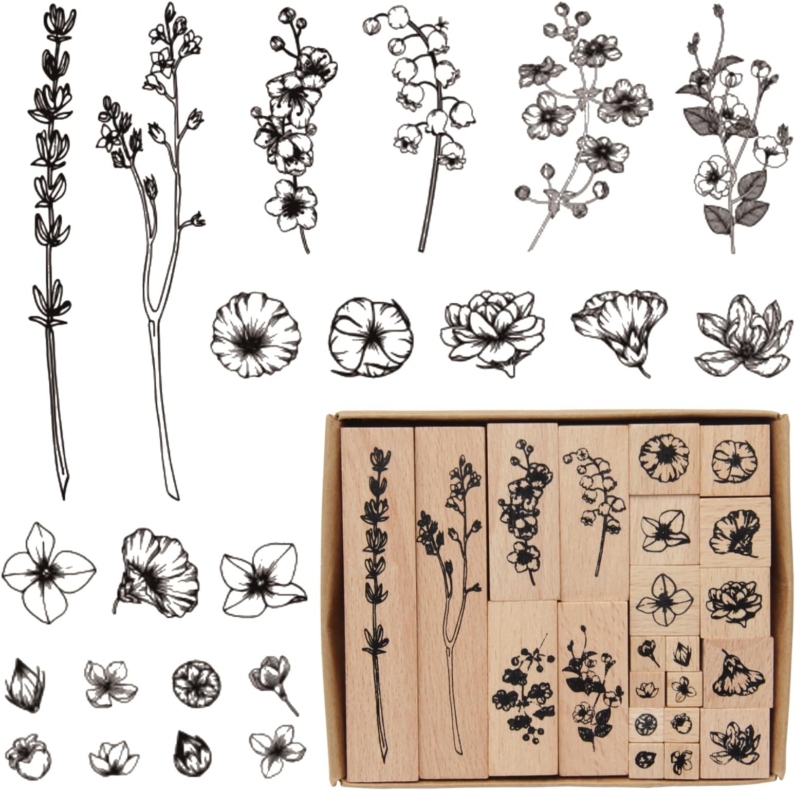 22 pcs Vintage Wooden Rubber Stamps Wooden Printing Stamps Wooden Rubber Stamp Set Floral Stamp Plant and Flower Decorativ for Letters Diary and Scrapbooking