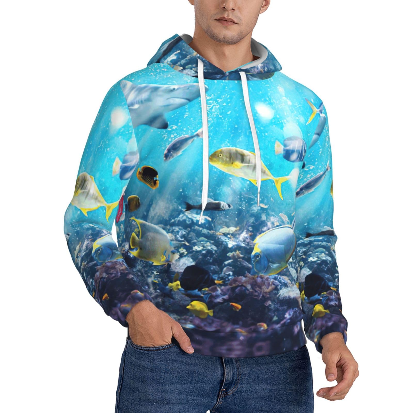 aabkjgfr Colorful 3d Nature Scenic Of Sea Underwater Of Tropical Fishes Print Classic Fleece Hoodie,Men'S Pullover Fleece Hoodie,Suitable For Everyday Wear,Travel,And Lounging At Home Black