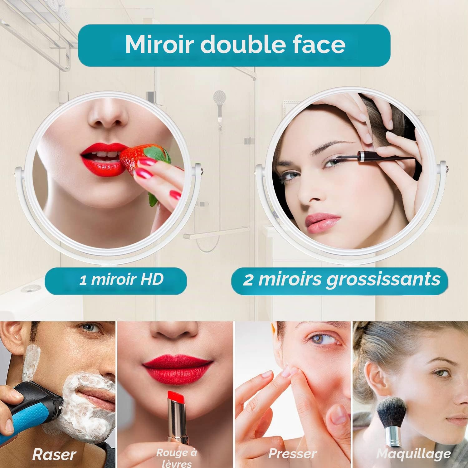 MASMAS Miroir maquillage mural de salle de bain grossissement 1 x 2 x cosmétique double face 360 rotatif, avec ventouse Installation facile