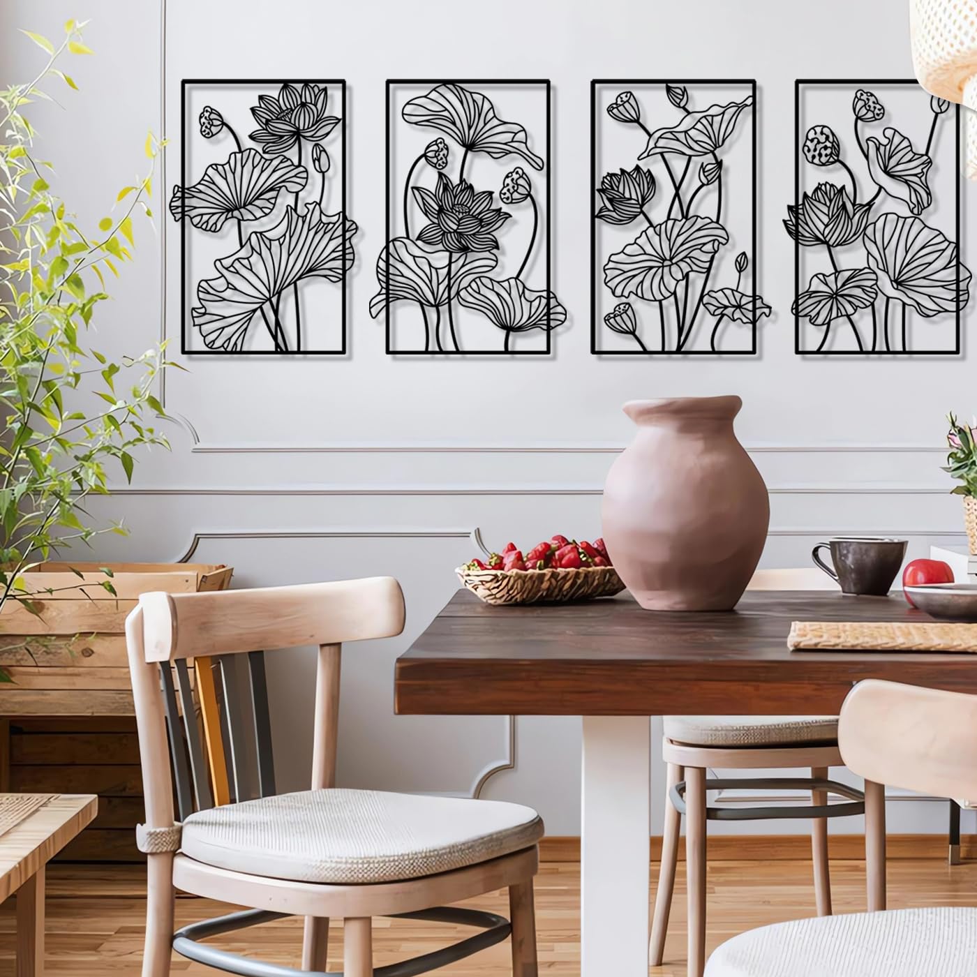 Pduoduo Metall Abstrakte Pflanze Floral Line Art Wanddekoration,Blume Minimalistische Wandkunst,Linie Blume Moderne Hängende Skulptur 4 Panel