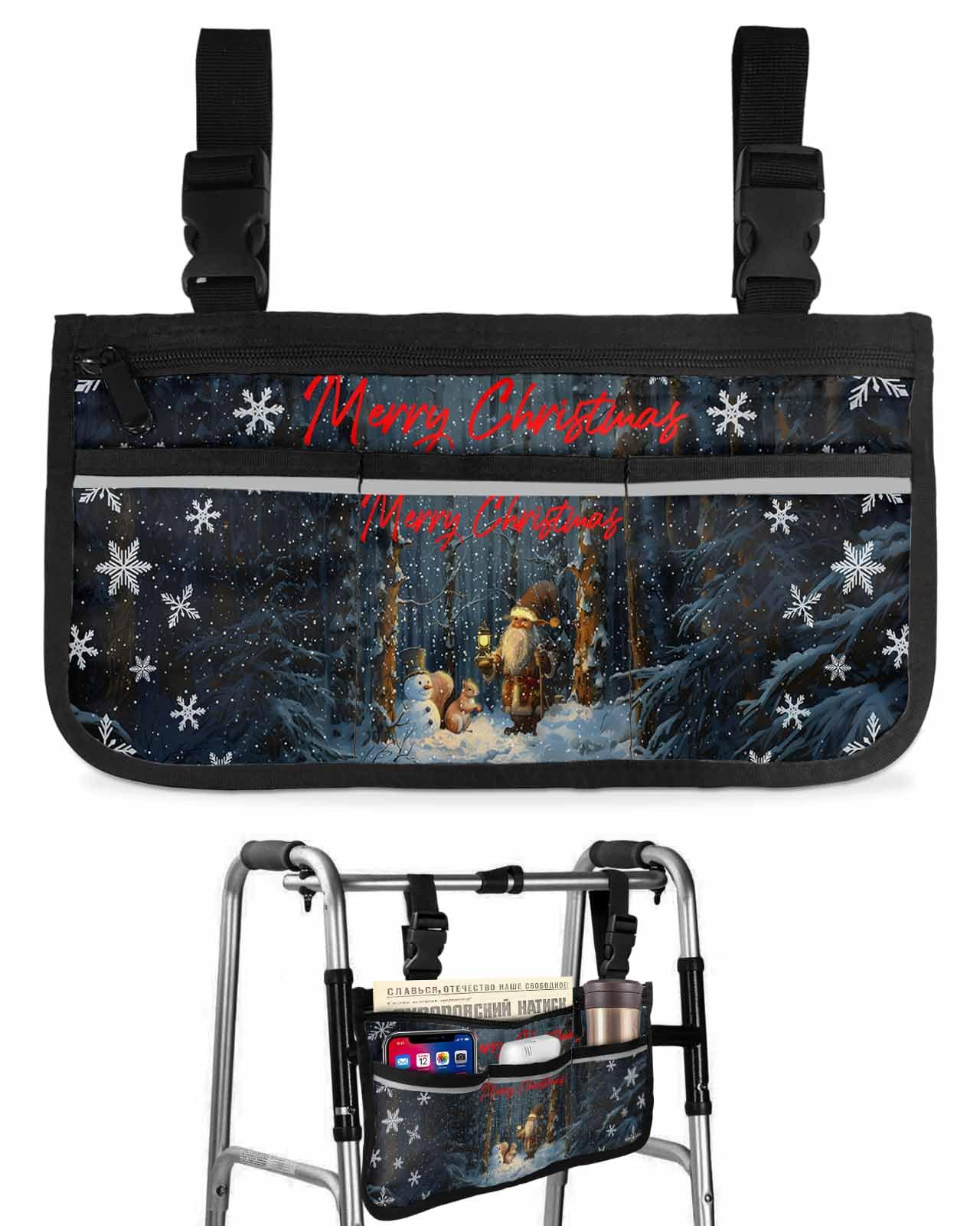Anzona Merry Christmas Wheelchair Side Bag Walker Bag, Winter Santa Snowman Squirrel Snowflake Wheelchair Accessories Armrest Pouch, Organizer Storage Bag for Walkers, Rollators, Scooters, 7.3''x13''