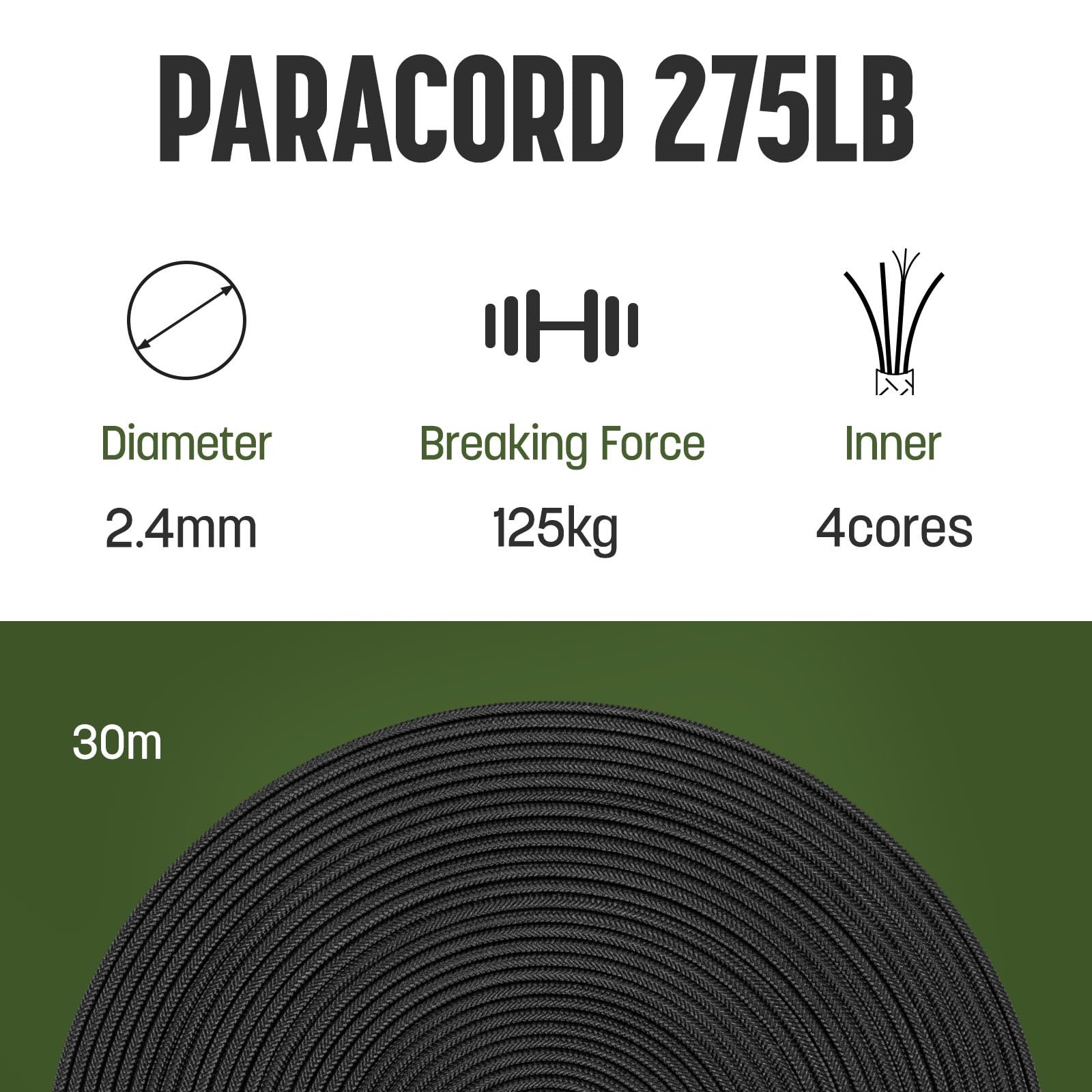 Paracorde 2,4mm x 30m Corde - 4 Brins, 275lbs, Nylon & Polyester, Résistance aux UV & à l'abrasion - Noir