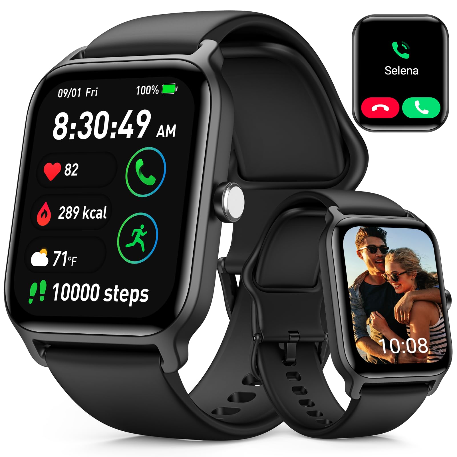 Quican Bluetooth Smart Watch for Men Women, iPhone Android Phone Compatible, Waterproof Fitness Tracker Smartwatch with Call and Text, Alexa Voice, Heart Rate, Blood Oxygen, Sleep Monitor 1.8" (Black)