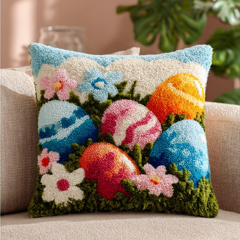 AxiangziK Latch Hook Pillow Kit,Easter Egg 43X43Cm DIY Cushion Cover
