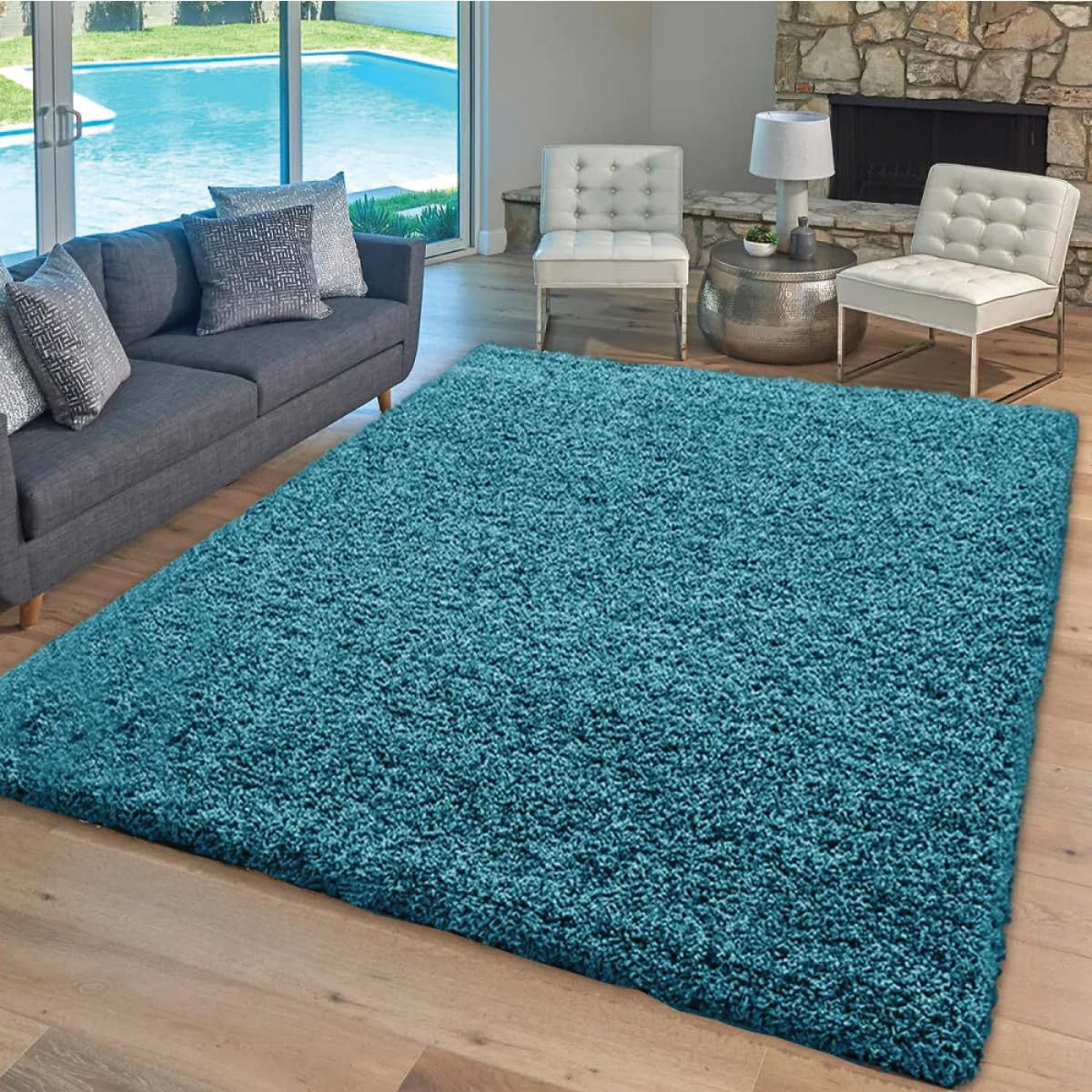 Tapis de salon bleu sarcelle anti-perte de poils et envers antidérapant sécurisé 200 x 290 cm