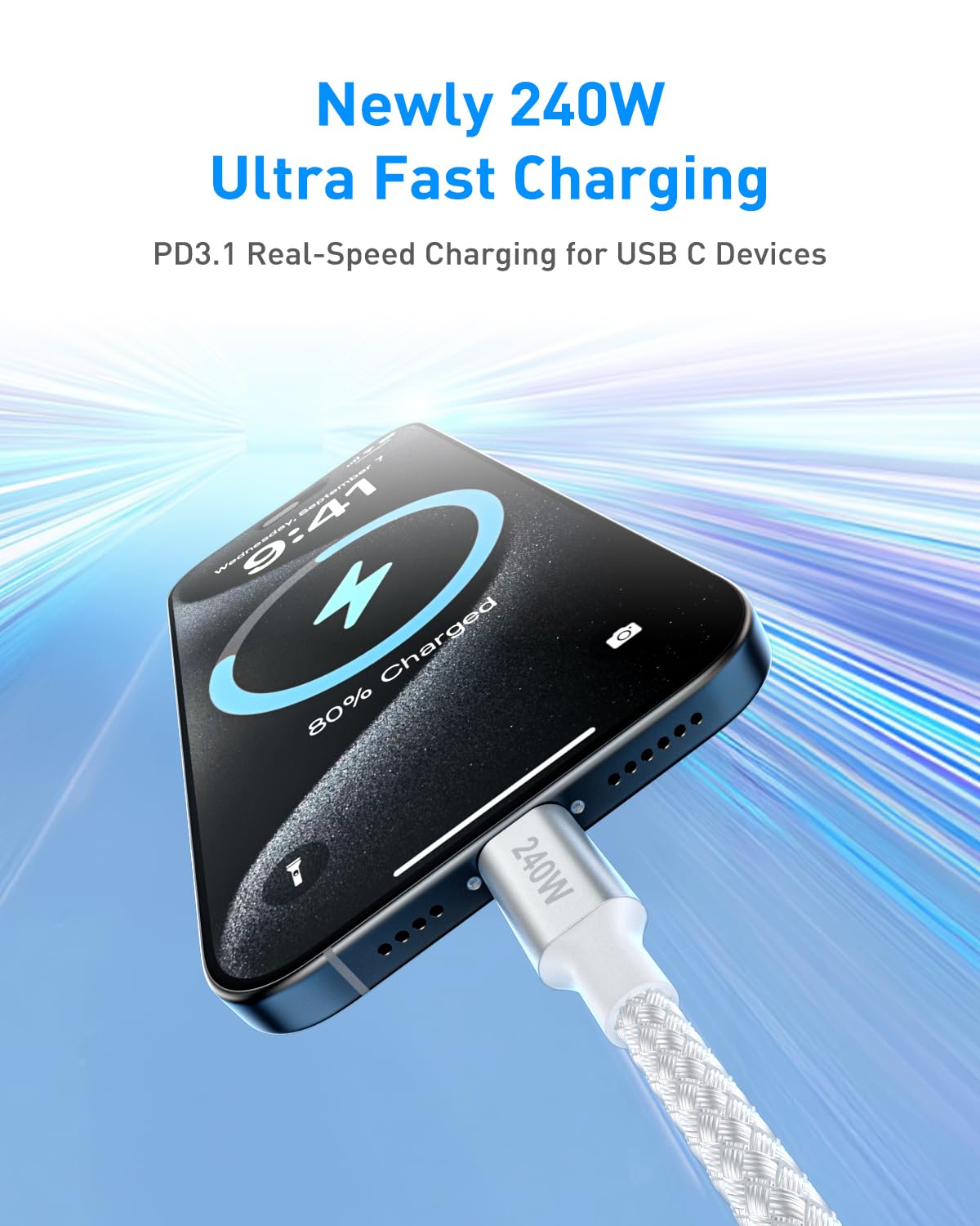 Huukein 240W USB C to USB C Cable 8ft, Long USB C to C Cable Fast Charging, USBC Charger Cord for iPhone 17 Air 16 15 Pro Max Plus 16e, for MacBook Pro and More