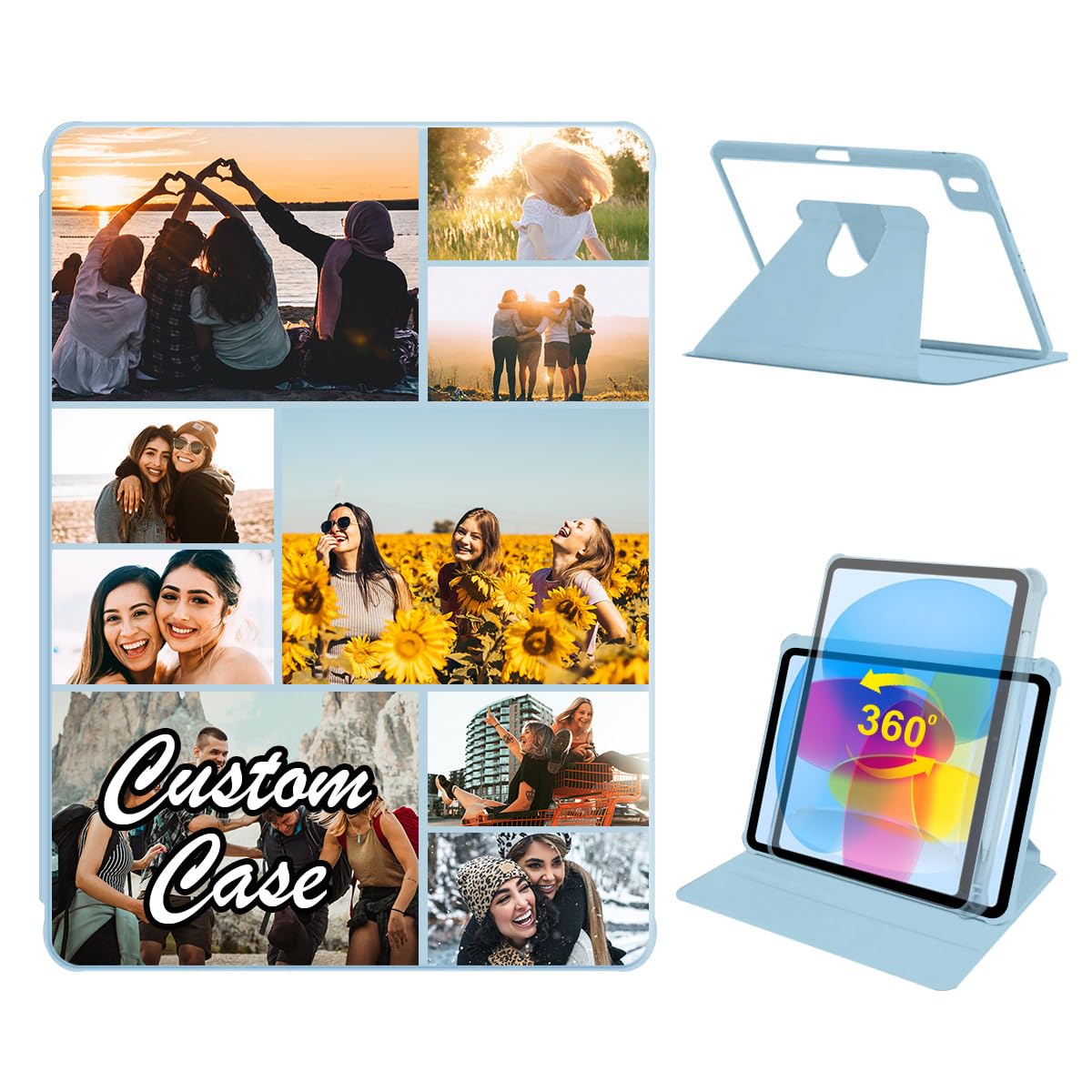 Custom Personalized Case for iPad 10th Gen 2022 10.9 Inch with Collage Photo Picture 360 Degree Rotating Multi-Angle View Stand Cover with Pencil