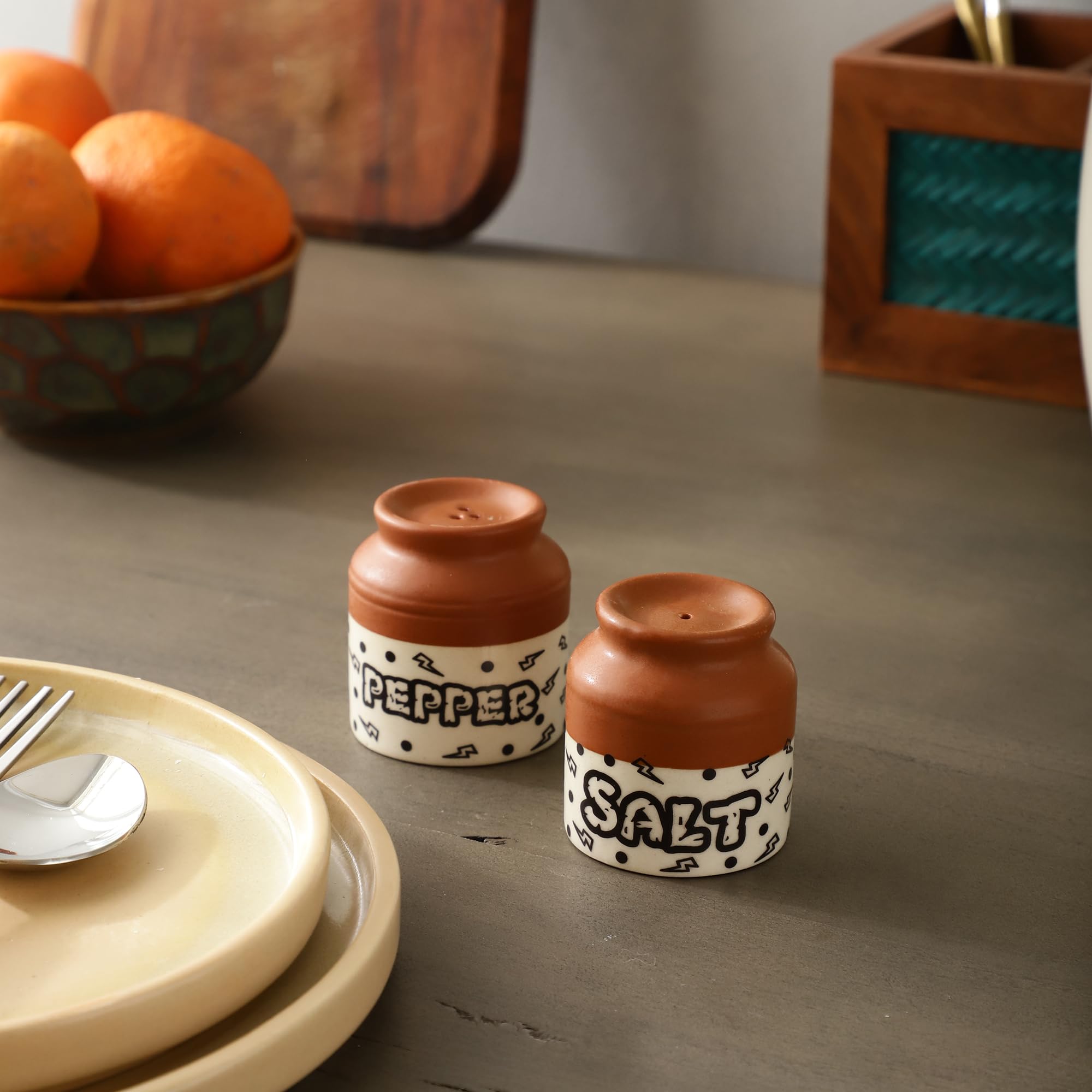 Salt Pepper Set for Dining Table & Kitchen Ceramic Salt and Pepper Shakers Set Dispenser Set Suitable for Home | Cafe | Dining Table | Kitchen (60 ML) (Brown & White)