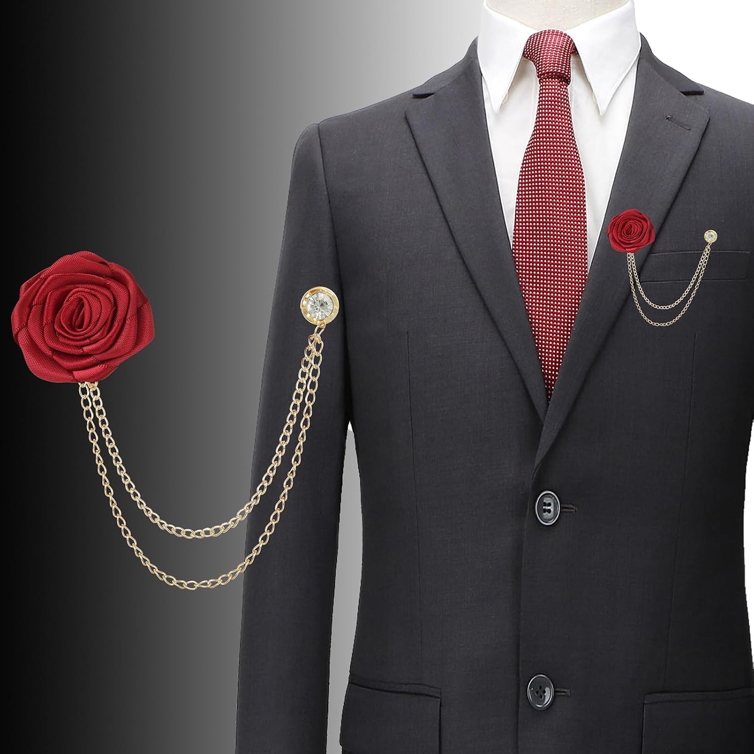 4pcs Rose Lapel Brooch with Hanging Chain, Handmade Rose Flower Brooch Badge Tassel Chain Men's Suit Accessories