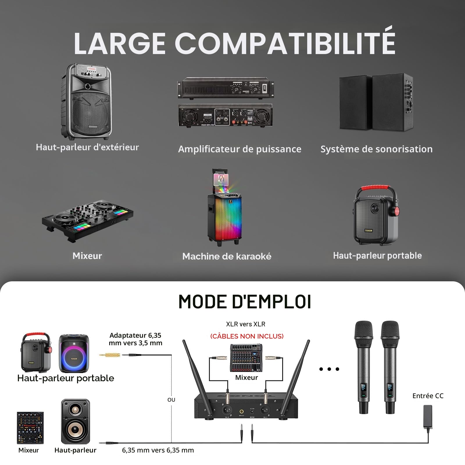 TONOR Système de Micro sans Fil, Microphone sans Fil Rechargeable Professionnel, Micro Dynamique sans Fil en Métal 2x100 UHF pour Karaoké/église/Chant/Mariage/DJ, Auto Scan, 80 M Range, TW550