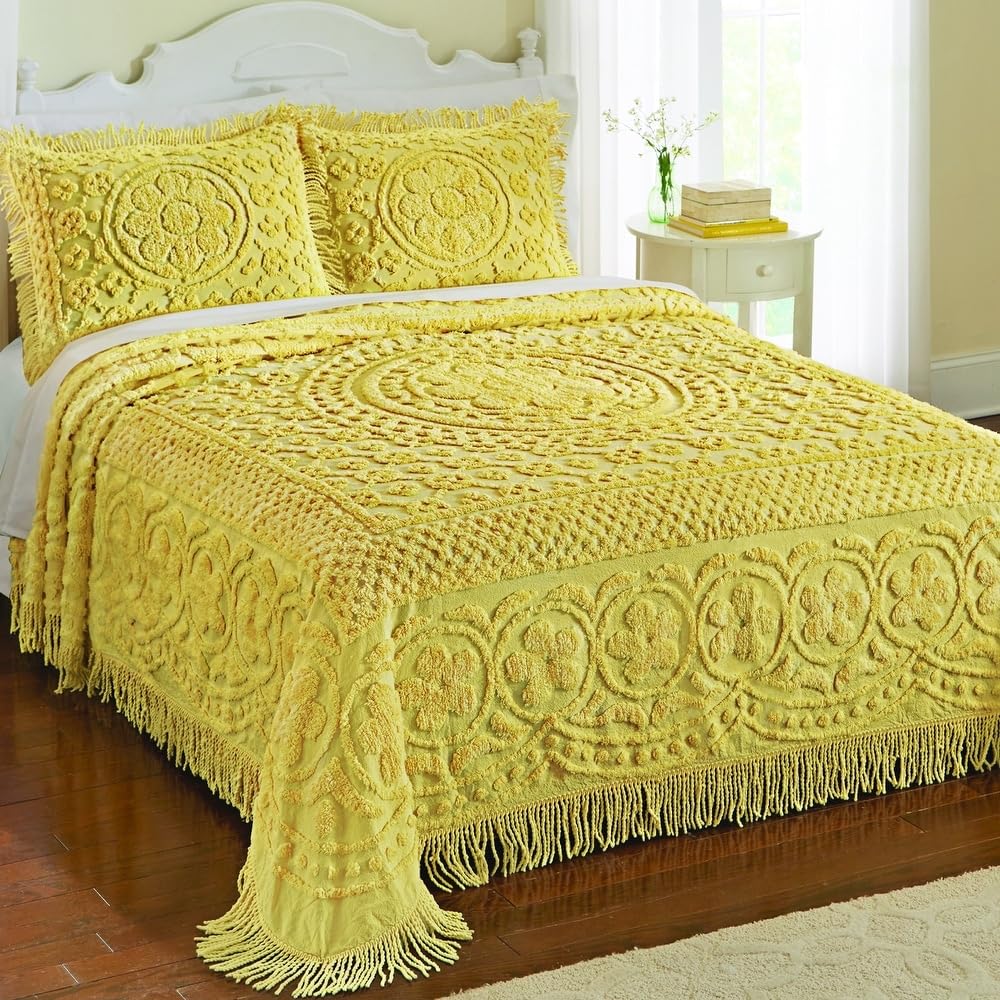 1 Piece Elegant 100% Cotton Tufted Chenille Bedspread Twin Size intricated Texture Fringe Borders | All Seasons Lemon Yellow Color Western Bedding Aesthetic Look Soft Plush Cozy Feel