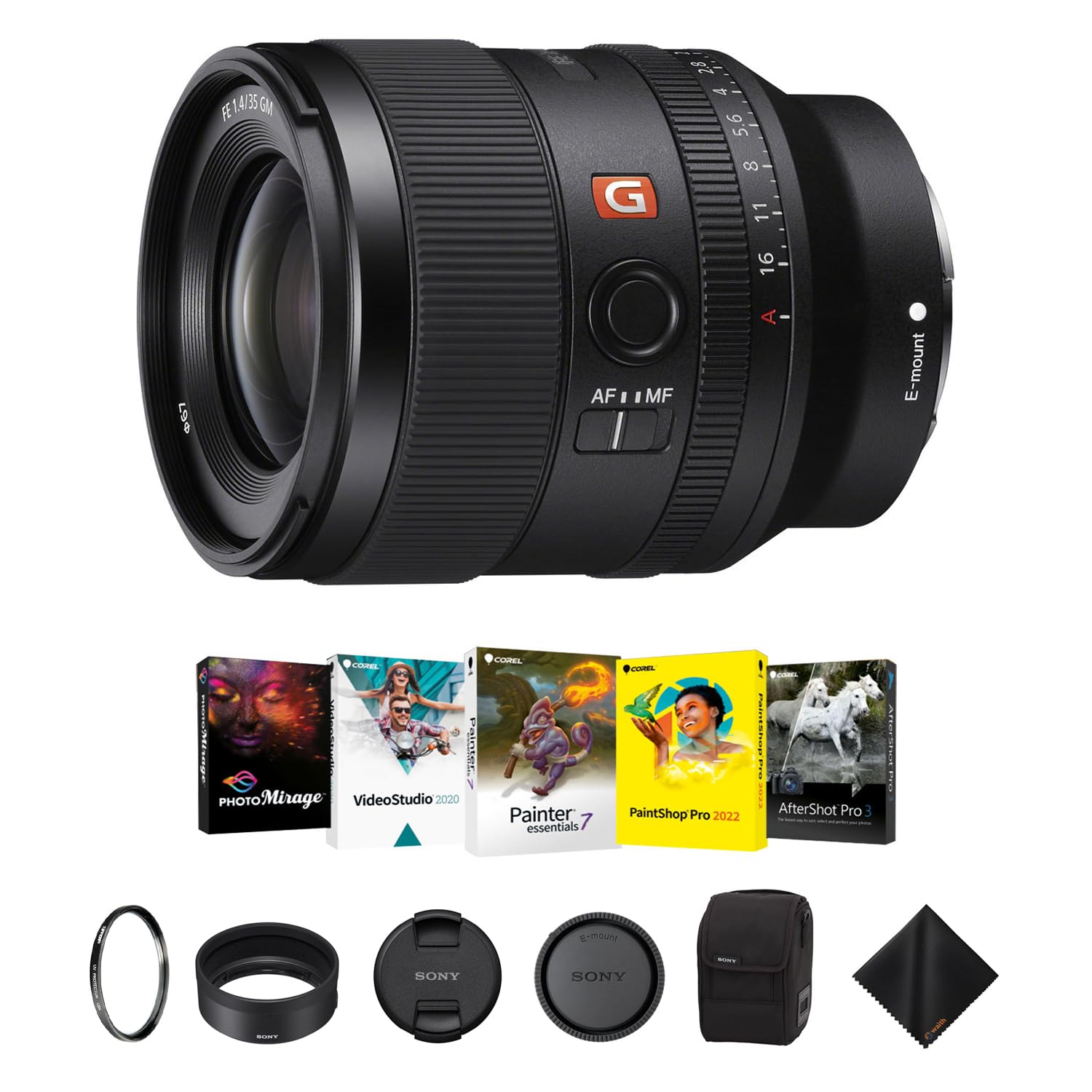 Sony FE 35mm f/1.4 GMaster Lens for E-Mount - Classic Wide-Angle Lens with Tiffen 67mm UV Protector Filter, Corel Software Kit & Cleaning Cloth - Essential Bundle