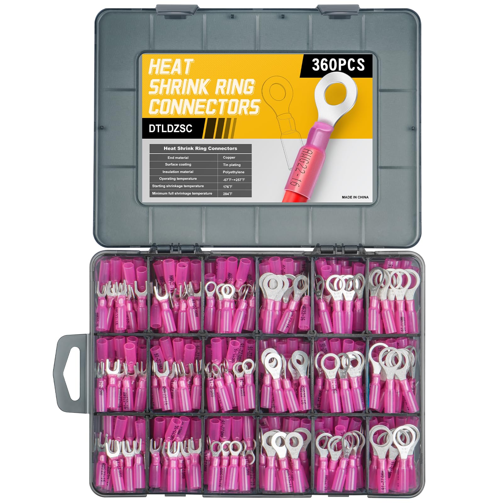 DTLDZSC 360PCS Marine Grade Heat Shrink Wire Connectors-Electrical Connectors Kit of Tinned Red Copper,Crimp Insulated Ring Fork Spade Butt Splice