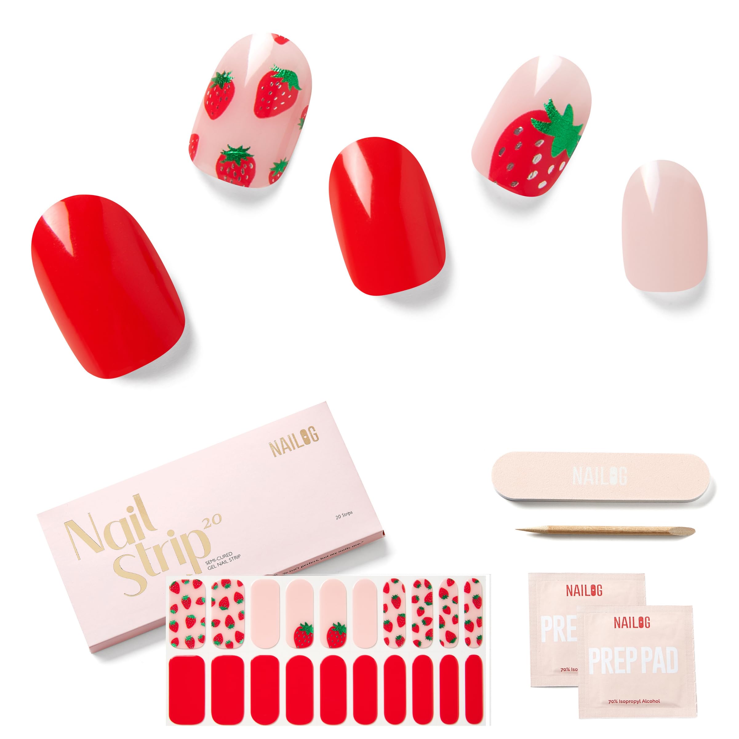NAILOG Unghie Gel Adesive UV - 20 PCS Fragola Rossa Smalto Adesivo per Unghie Compatibile con qualsiasi lampada UV/LED, Durata Prolungata e Qualità Salon Professionale, Facile da Applicare e Rimuovere