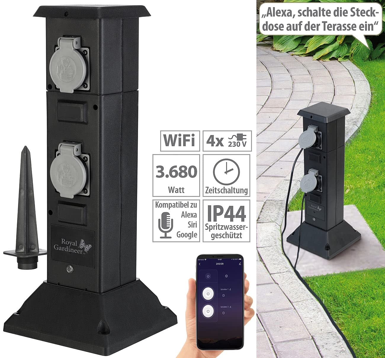Royal Gardineer Stromverteiler Garten: 4-Fach-WLAN-Outdoor-Steckdosen-Säule, App, Sprachsteuerung, 16 A, IP44 (Gartensteckdose WLAN, Garten Steckdosen, Dose)