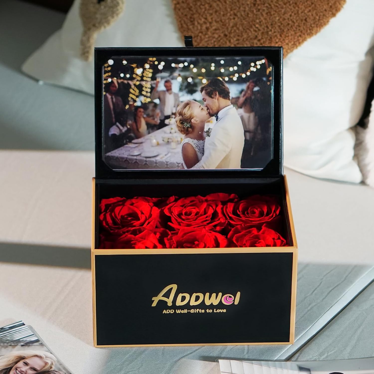 ADDWel Preserved Real Roses with 4x6 Photo Frame & Engraved Acrylic Puzzle Plaque – Unique Mother's Day, Birthday Gifts for Mom from Daughter Son – Eternal Mom Gift Set