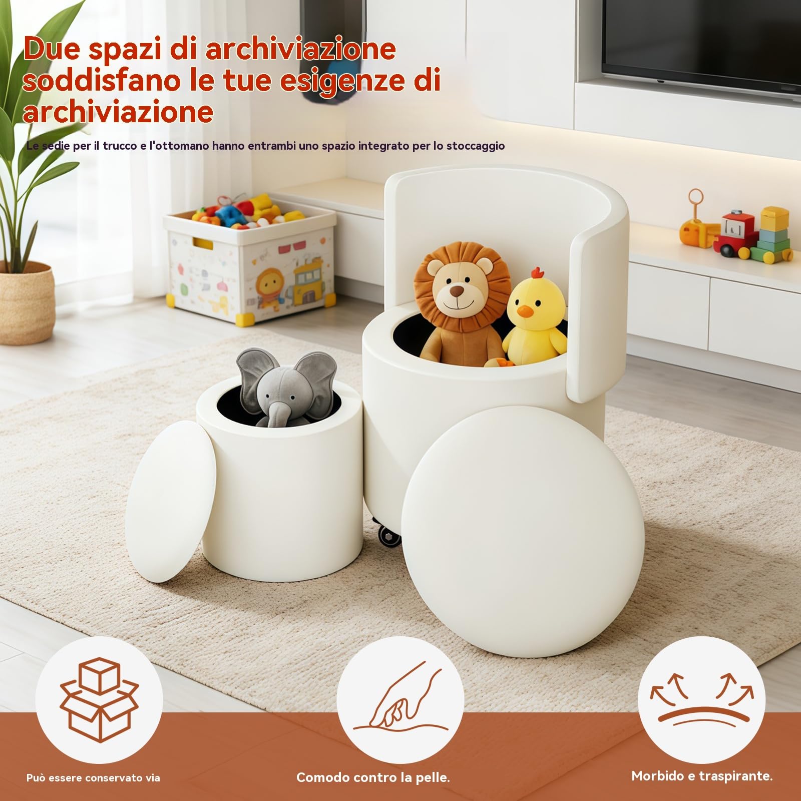 Sedia cosmetica con ruote e spazio di archiviazione, sedia girevole per trucco con schienale ribaltabile, piccolo pouf imbottito in pelle PU per camere da letto e salotti.