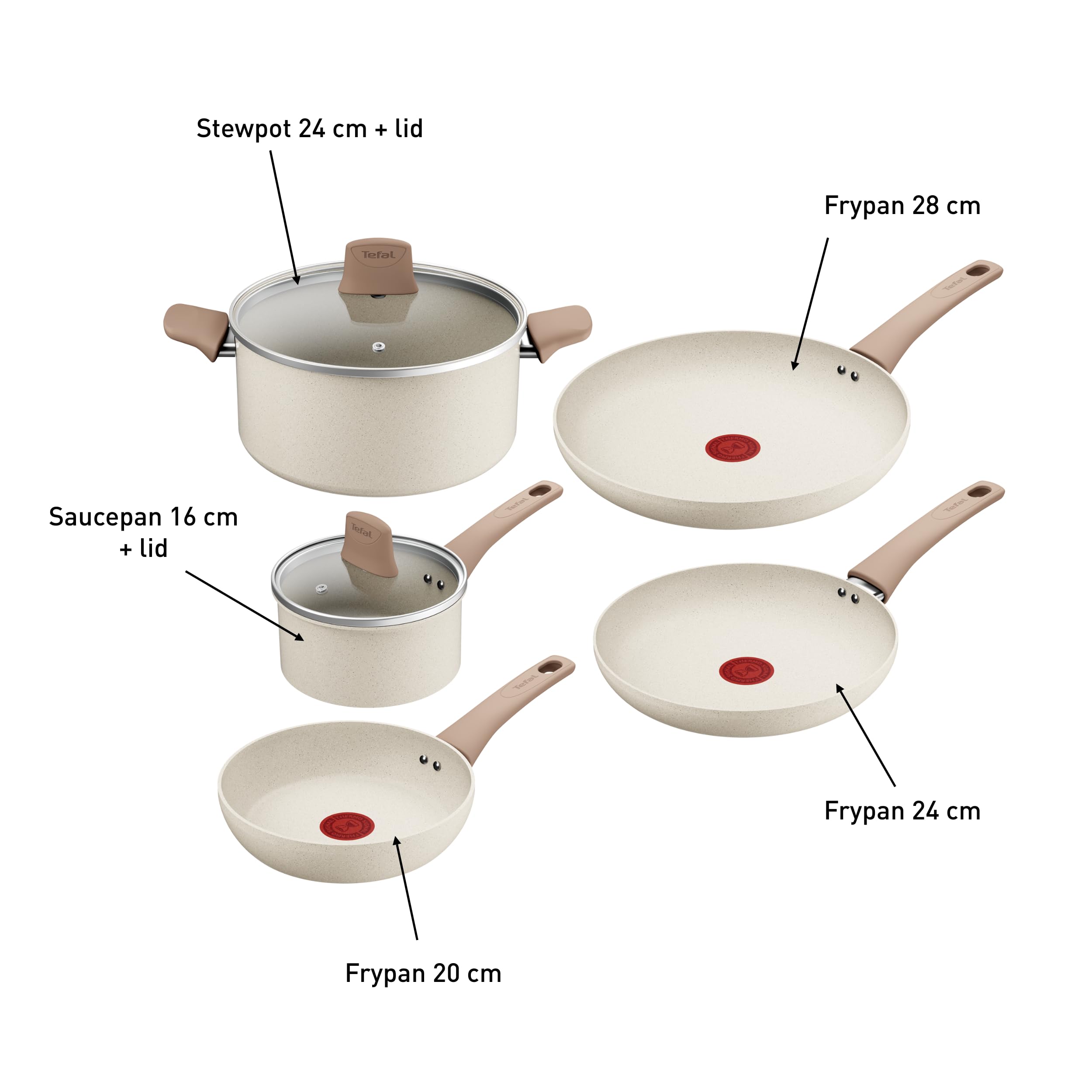 Tefal Stone White, 7-częściowy zestaw kuchenny, patelnie 20/24/28 cm, patelnie z pokrywką 16/24 cm, stały uchwyt, powłoka nieprzywierająca, korpus z aluminium w 100% z recyklingu, wskaźnik temperatury