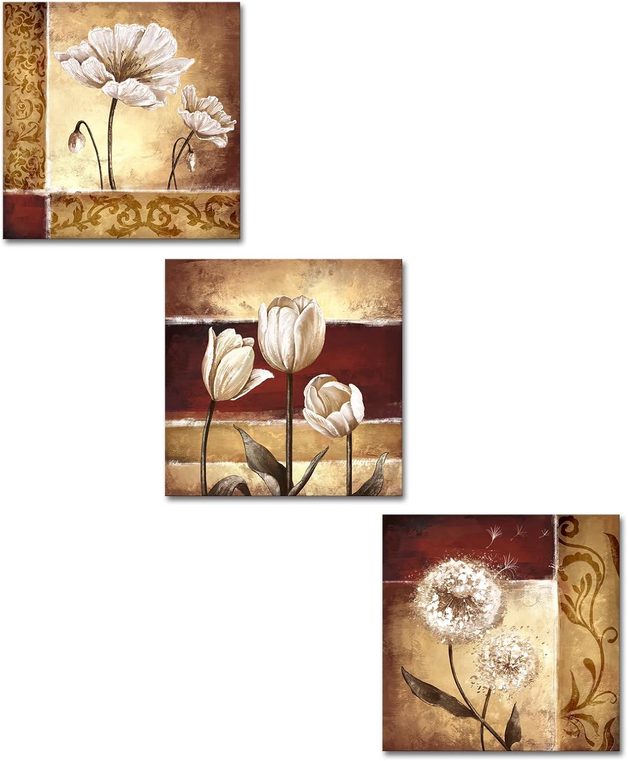 DuoBaorom Red Brown Flower Canvas Wall Art Dandelion Tulip Poppy Picture Burdeny 12x12inchx3pcs