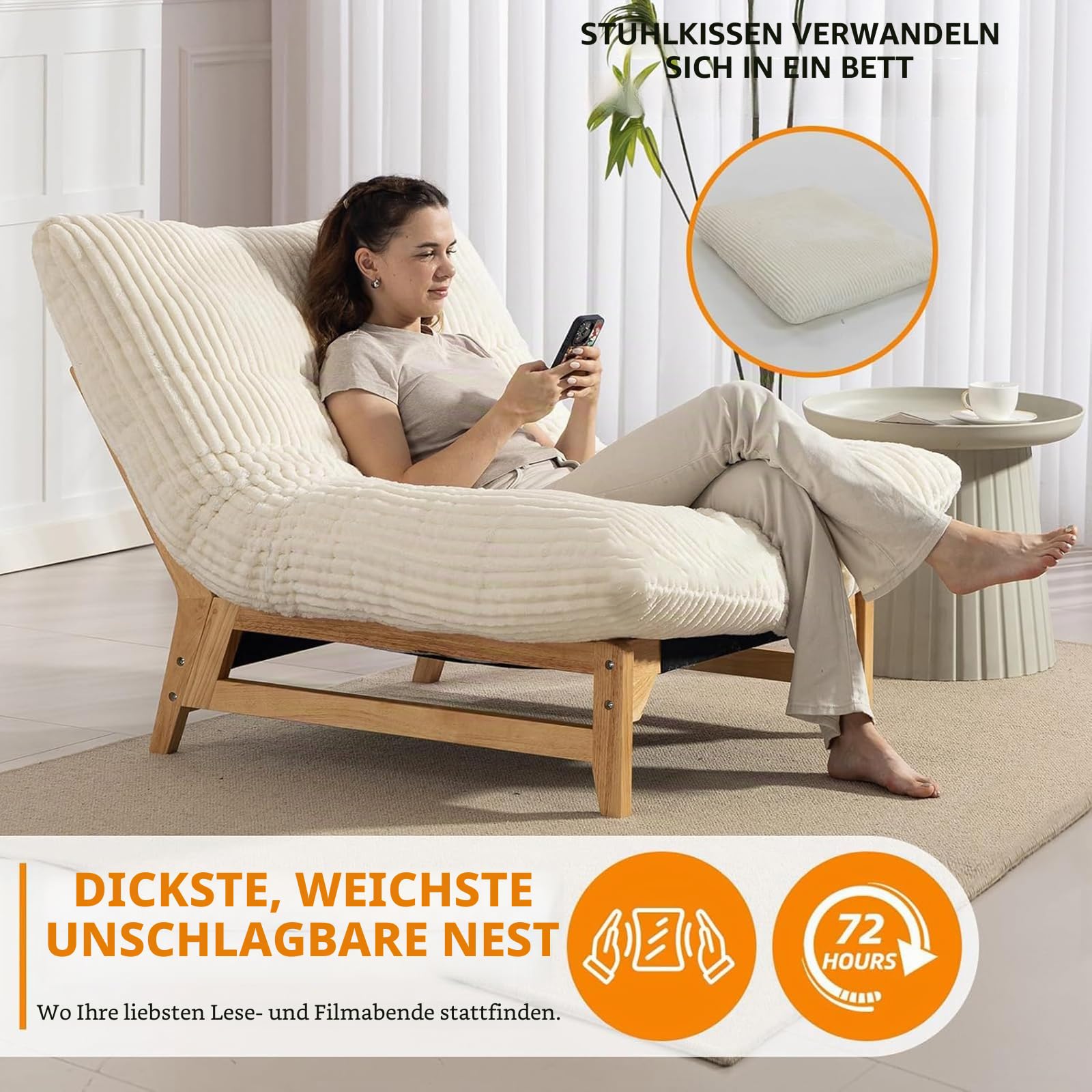 Cord Sitzsack Sofa mit Holzrahmen für Erwachsene, Groß Cloud Bean Bag mit Füllung, Bequemer Lesesessel für Wohnzimmer Schlafzimmer, XXL Sitzsack Sessel, 110cm, Beige