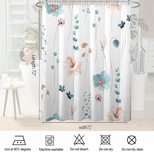 Miniatura 5 de Decoreagy Juego de cortinas de ducha con diseño floral de acuarela, cortinas de baño de flores verde azulado y naranja, cortina de baño moderna