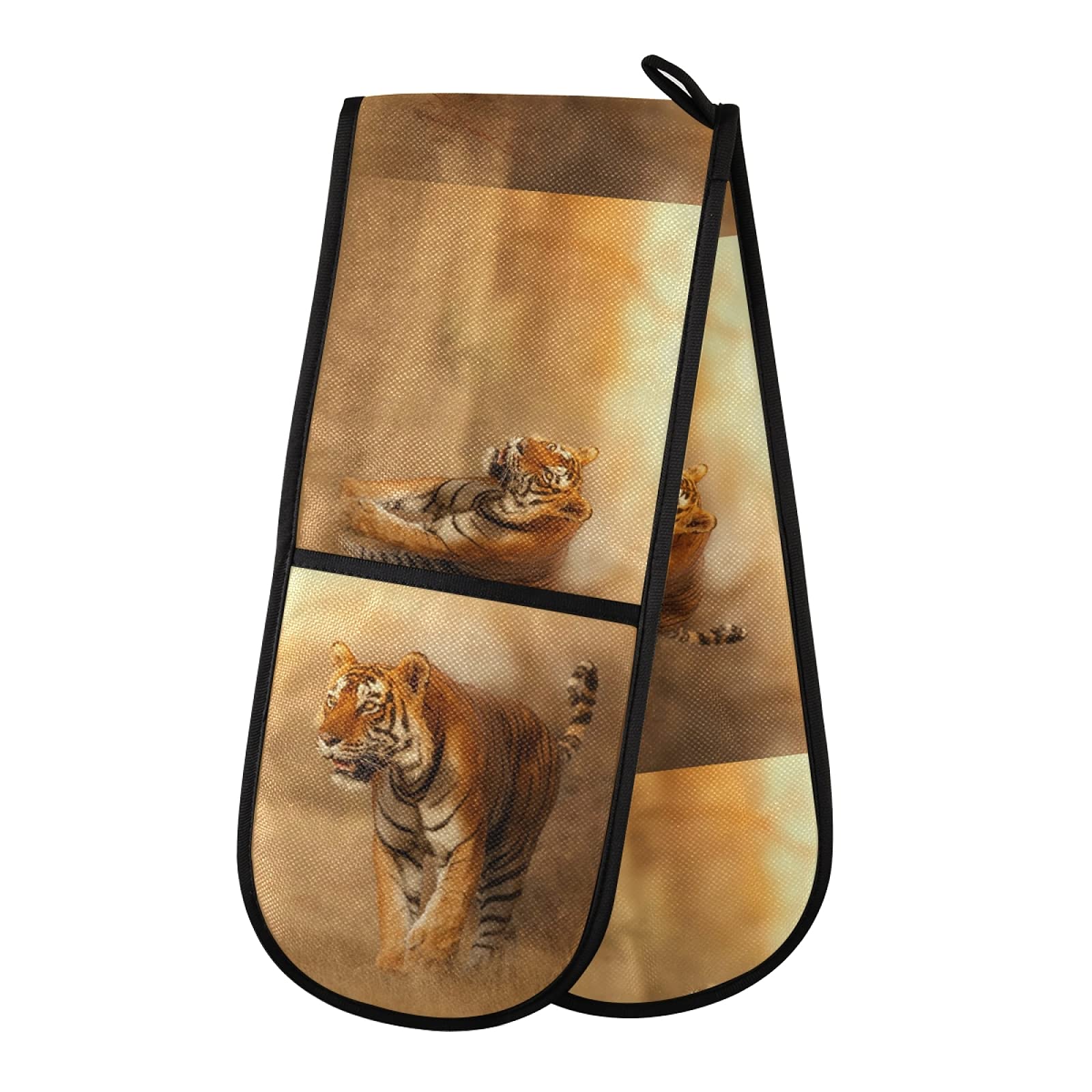 Puxuqu Multicolor Oven Gloves Double Oven Mitts Gloves, Vintage Tiger Heat Resistant Oven Gloves For Baking Bbq Kitchen Cooking Gloves
