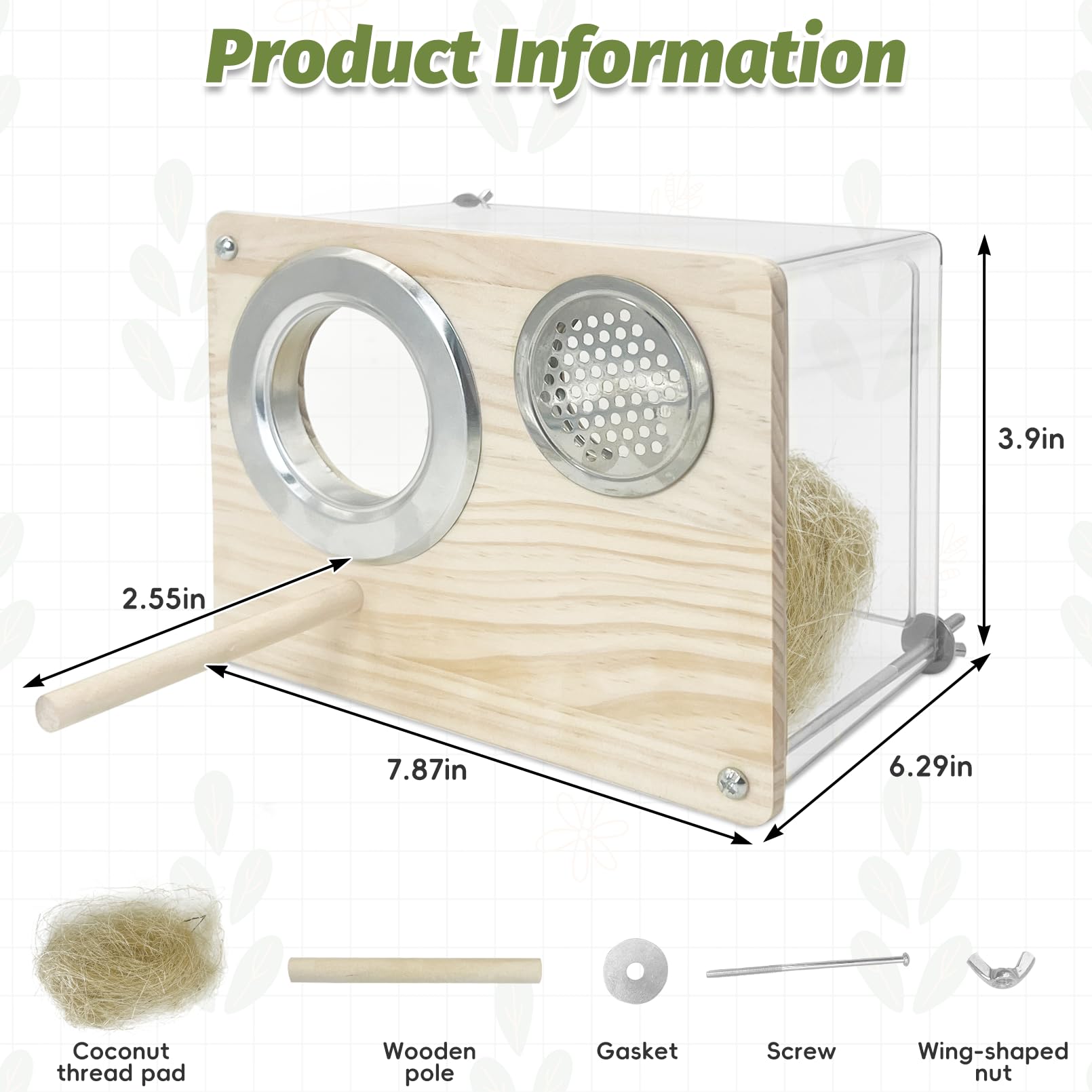 PINVNBY Caja de anidación y cría de acrílico transparente, para jaula, para casa de pájaros con percha, para periquitos, cotorras, loros, cacatúas, agapornis y pájaros pequeños (L: 20,5 x 15,8 x 10 cm