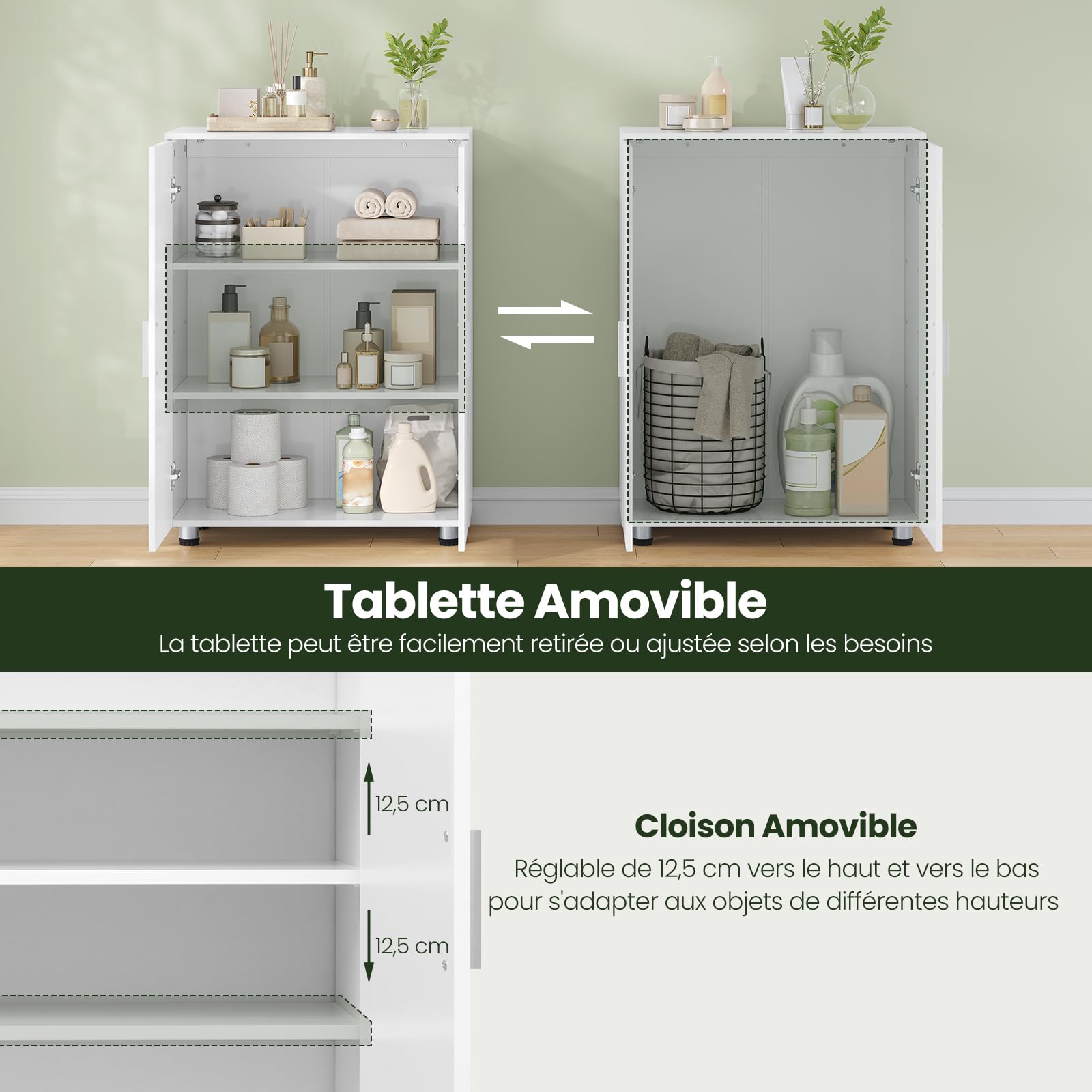 EUGAD Meuble Salle de Bain Placard sur Pied, Armoire d’Entrée avec 2 Portes, Étagères Réglables, 3 Compartiments en MDF Blanc
