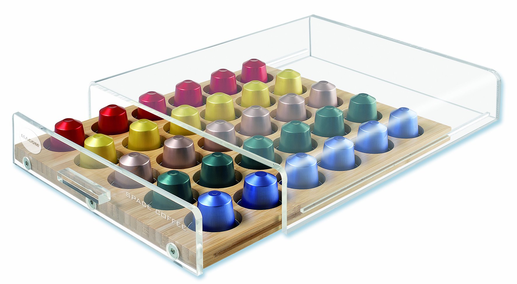 MACOM Just Kitchen 835 Space Coffee Dispenser Portacapsule Universale per Macchine Caffè, 30 capsule, cassetto in legno
