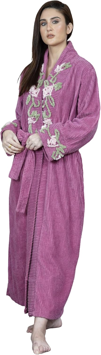 HOC Women's Vine Embroidered Shawl Collar Chenille Robe - Image 2