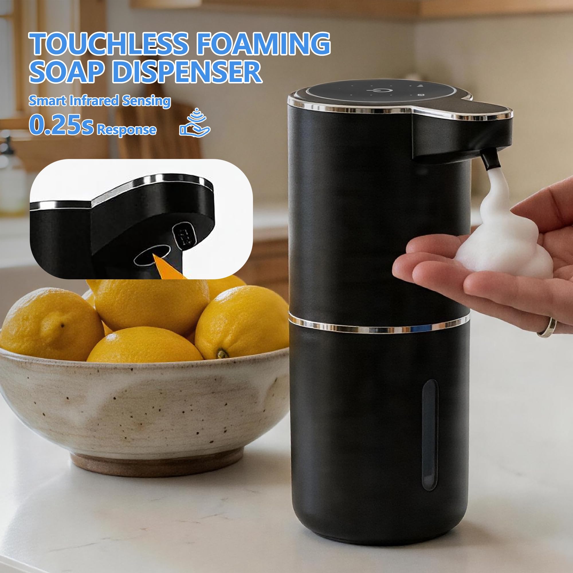 Paquete de 2 dispensadores automáticos de jabón de espuma, dispensador de jabón de manos inteligente recargable por USB con 4 niveles ajustables, 380 ml, montado en la pared o encimera, IPX5