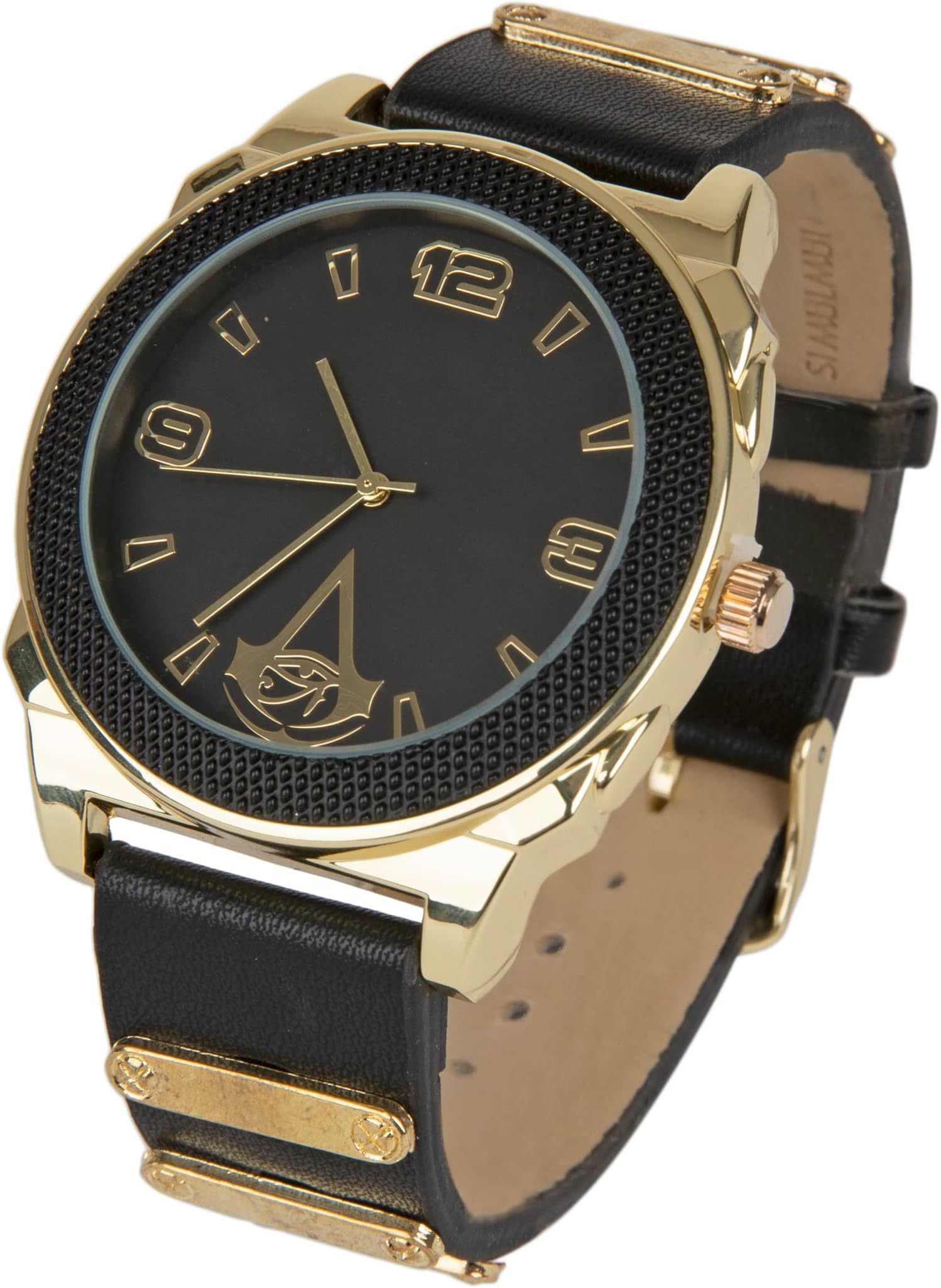 Accutime Assassin's Creed Men's Analog Watch in Black and Gold with Faux Leather Wrist Band Buckle Close